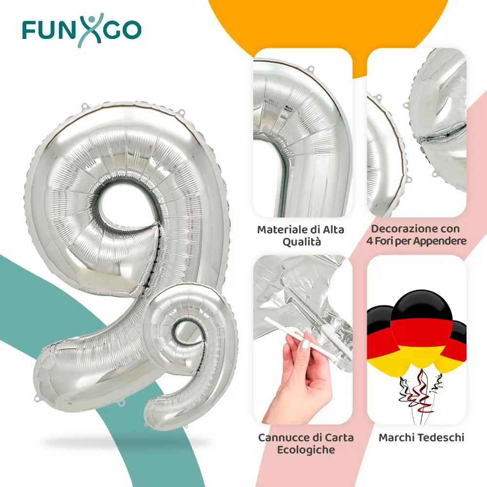 FUNXGO Palloncino Numero 9 Argento - immagine 3