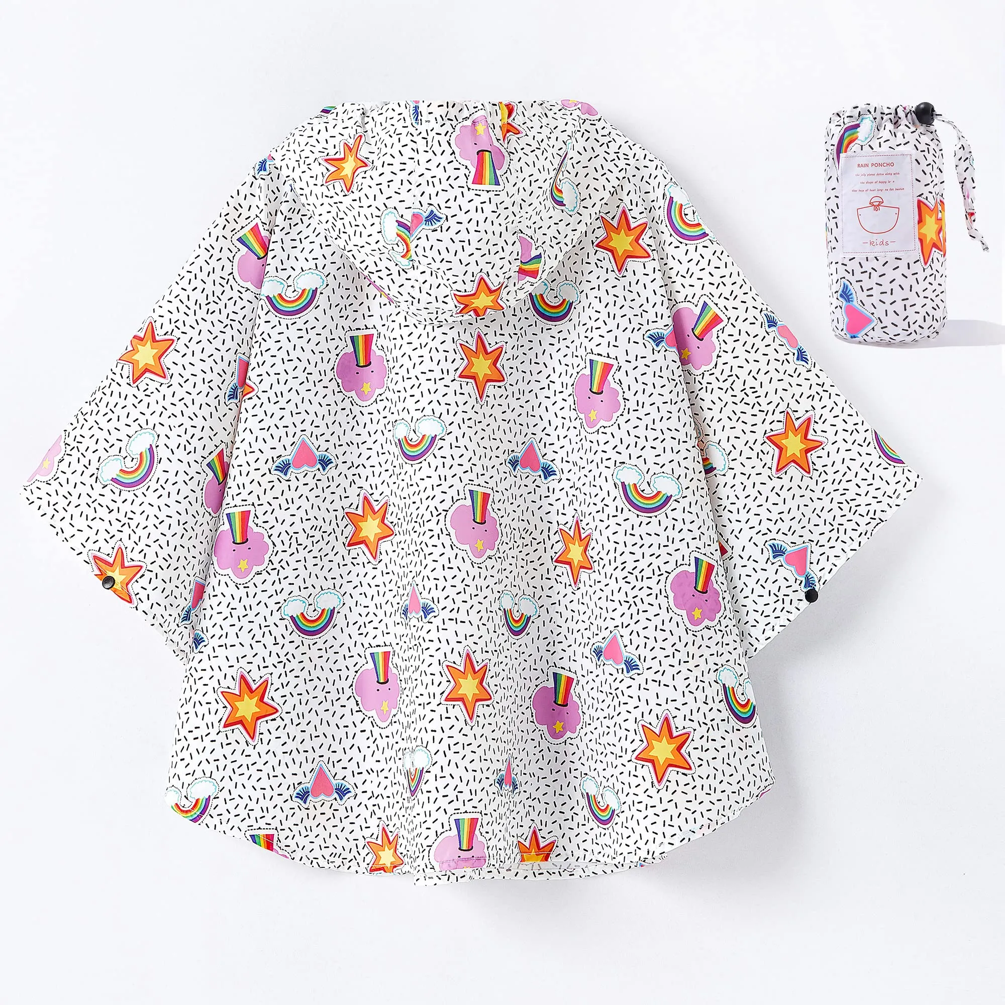 QIKADO Poncho Antipioggia Bambino con Cappuccio, Stelle e Arcobaleni, XL (8-12 anni) - immagine 2