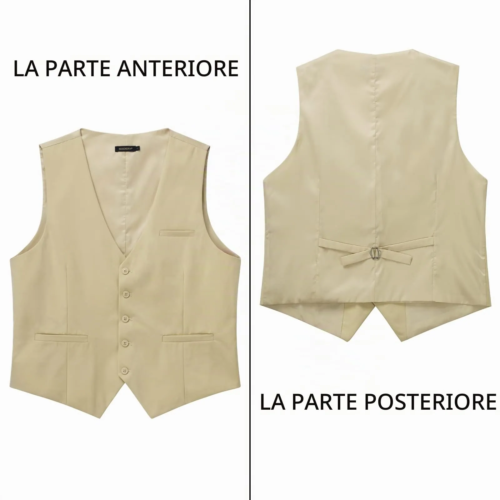 HISDERN Gilet da Abito da Uomo in Cotone, Tinta Unita, Champagne, XL - immagine 3