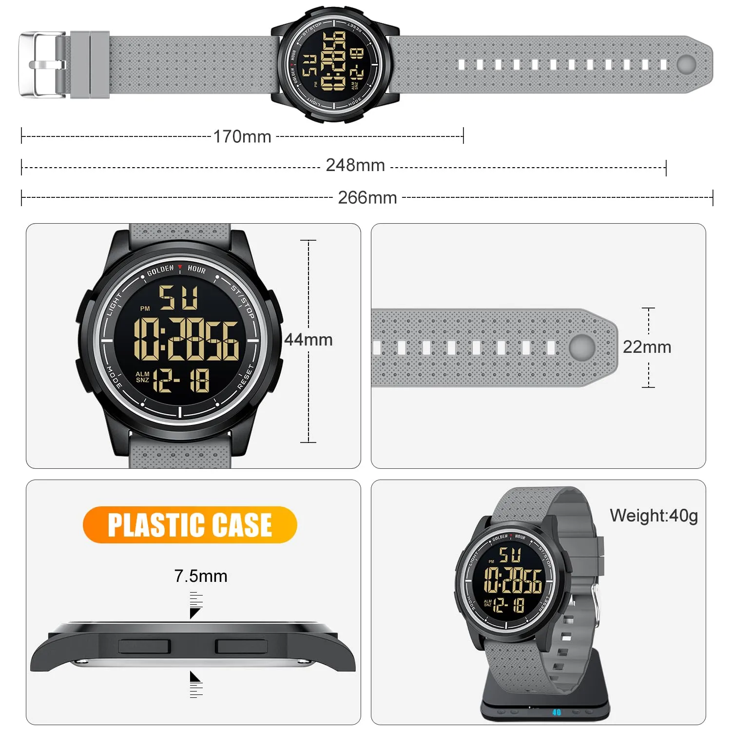 GOLDEN HOUR GH1313 Orologio Digitale Ultra-Sottile Sport Impermeabile Cinturino in Gomma - immagine 4
