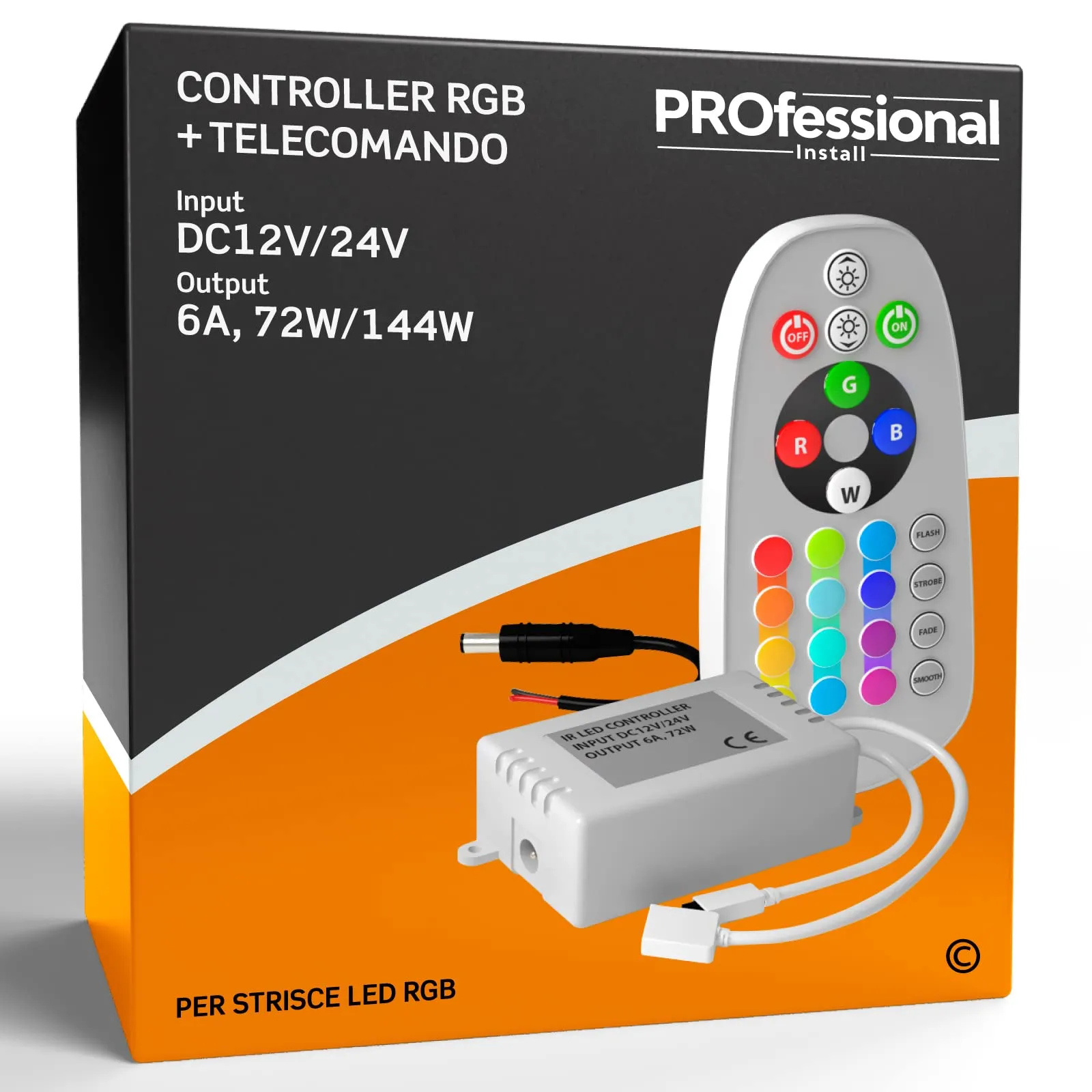 Eurocali Controller per Strisce LED RGB 12-24V 3 Canali con Connettore 4 pin, Jack 2.1 e Telecomando 24 tasti ad infrarossi - immagine 1