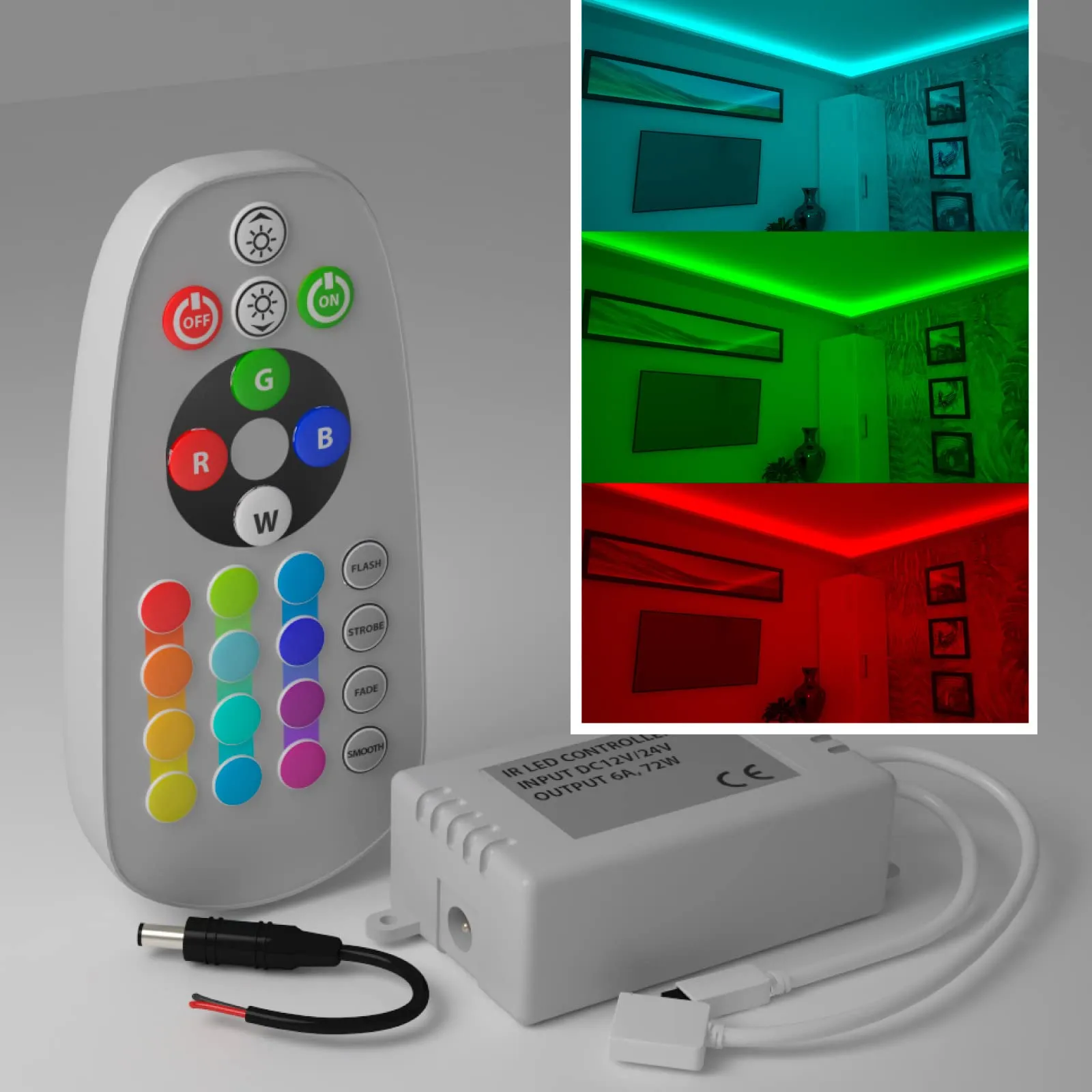 Eurocali Controller per Strisce LED RGB 12-24V 3 Canali con Connettore 4 pin, Jack 2.1 e Telecomando 24 tasti ad infrarossi - immagine 4