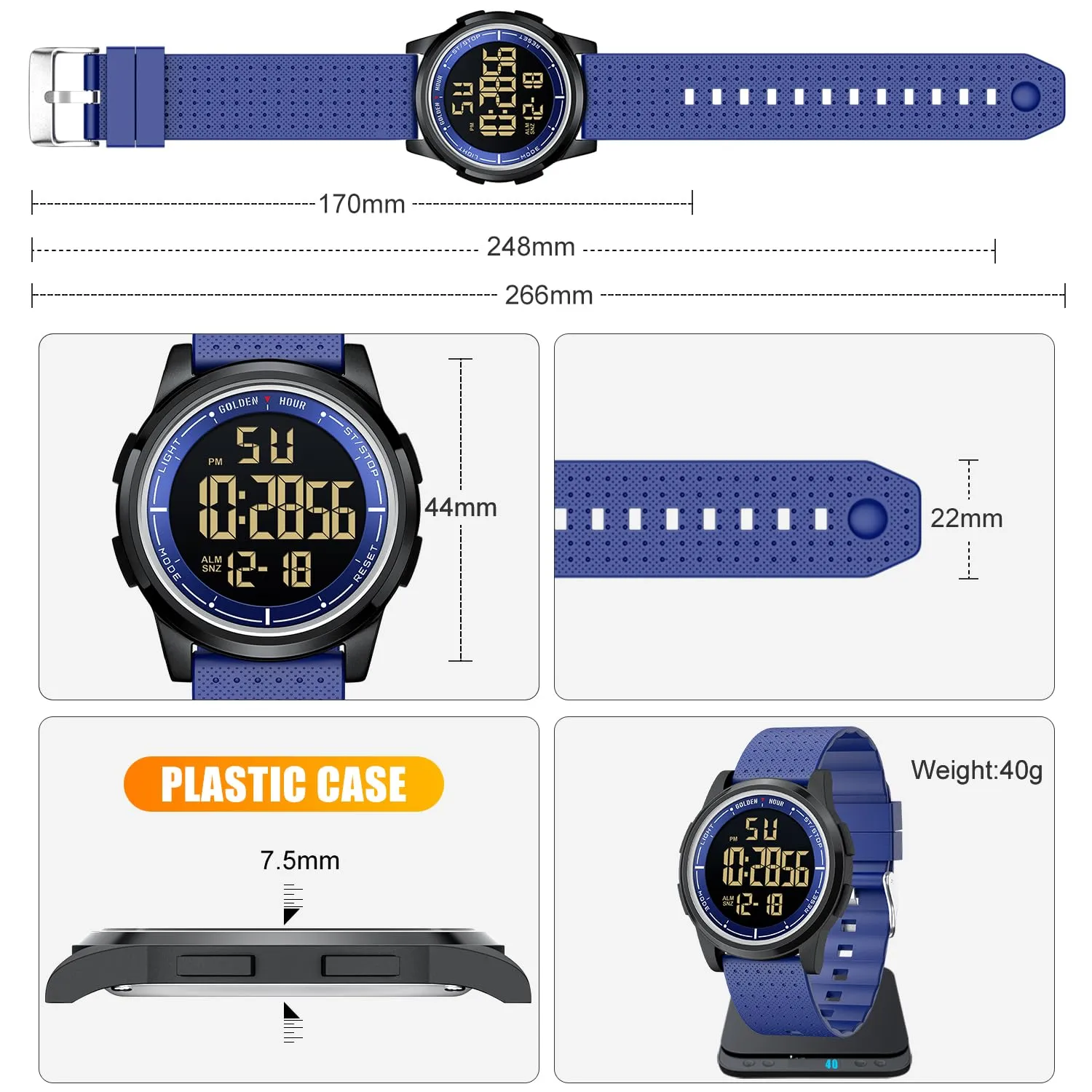 Golden Hour GH1313 Orologio Digitale Ultra-Sottile Minimalista Sport Impermeabile con Cinturino in Gomma - immagine 4