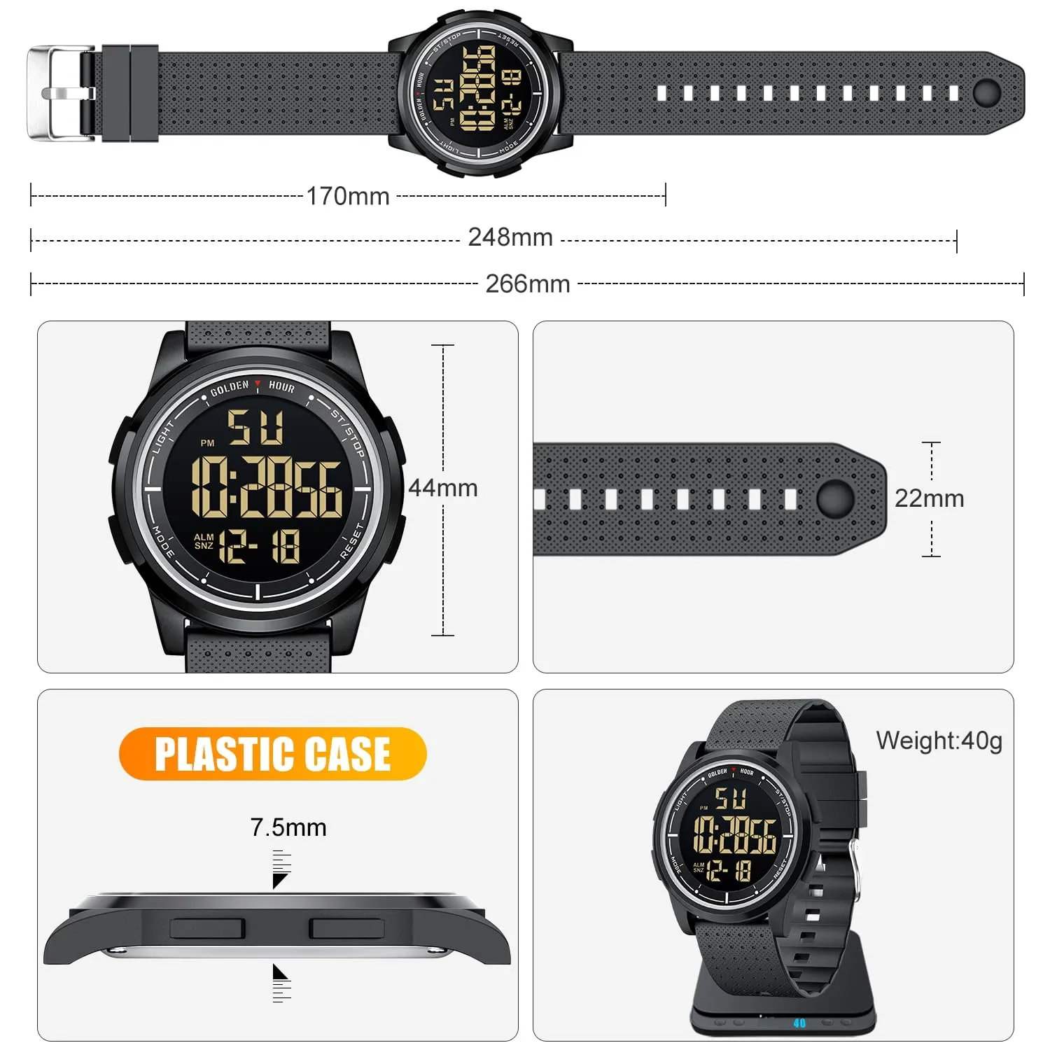GOLDEN HOUR GH1313 Orologio Digitale Sport Ultra-Sottile Impermeabile con Cinturino in Gomma - immagine 3