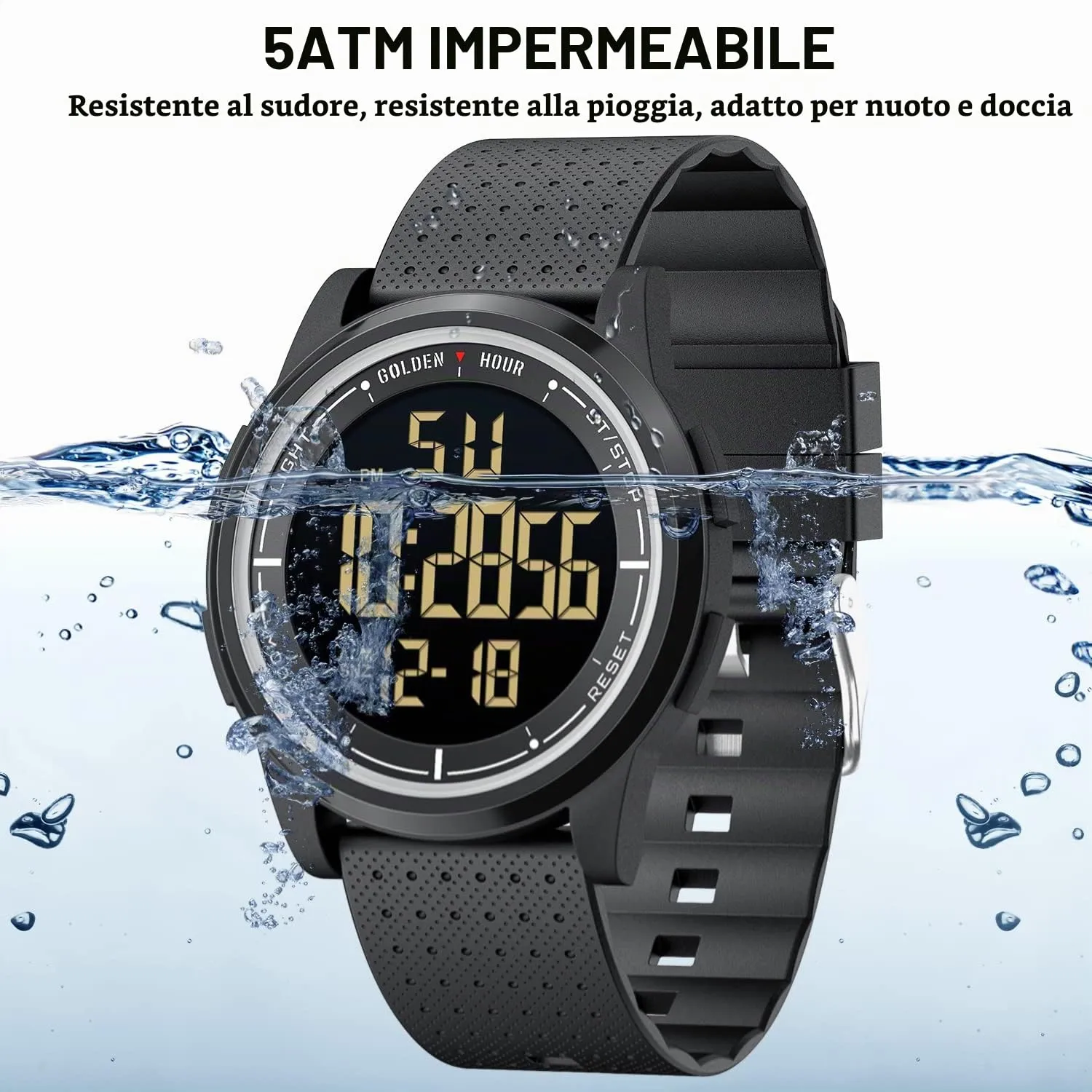 GOLDEN HOUR GH1313 Orologio Digitale Sport Ultra-Sottile Impermeabile con Cinturino in Gomma - immagine 4