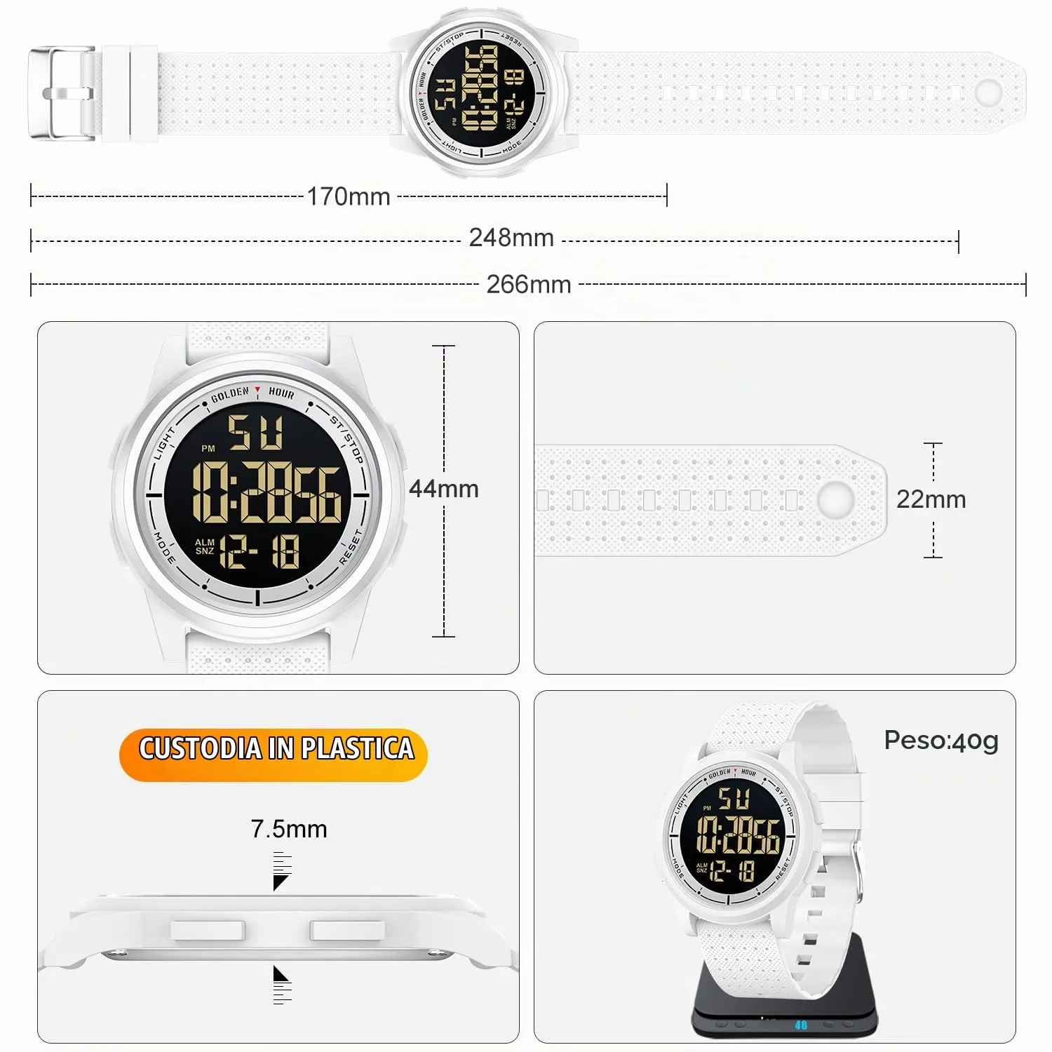 GOLDEN HOUR GH1313 Orologio Digitale Ultra-Sottile Minimalista Sport Impermeabile con Cinturino in Gomma - immagine 4
