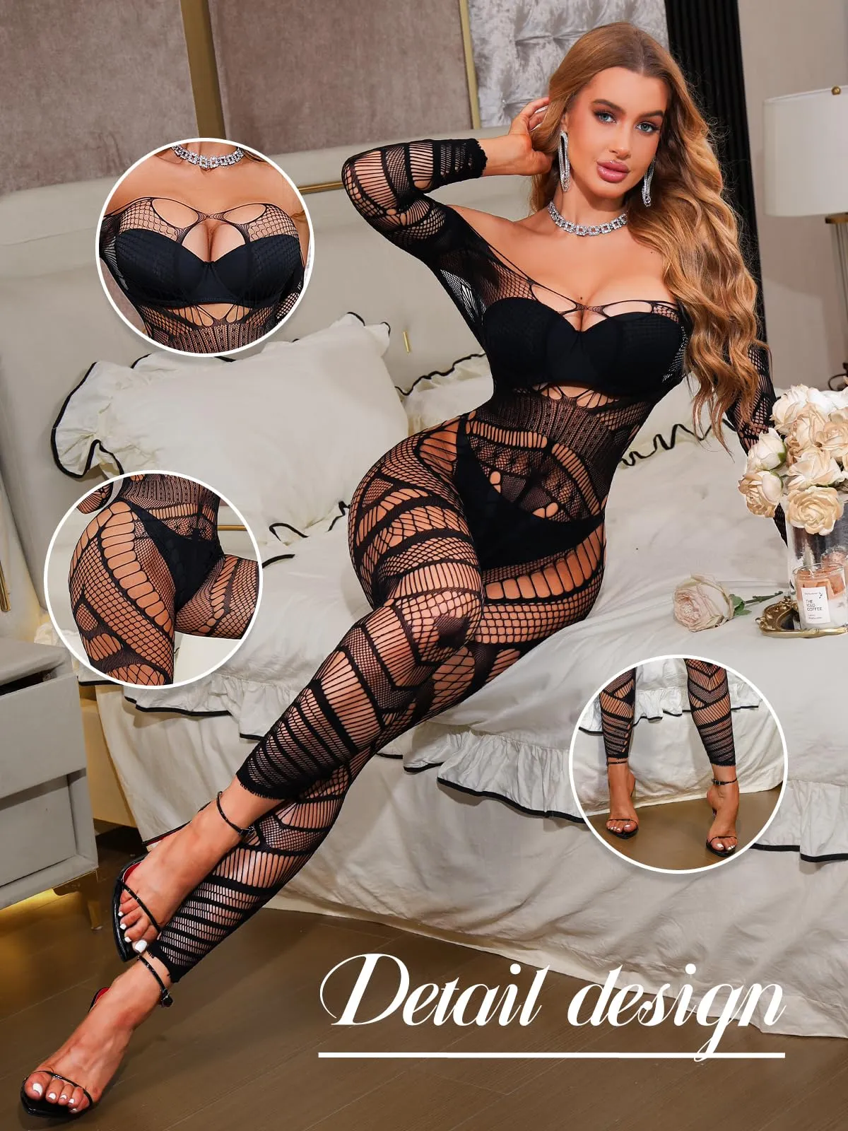 Buitifo Donna Fishnet Bodystocking Pigiama, Nero DZJ, Taglia Unica - immagine 3