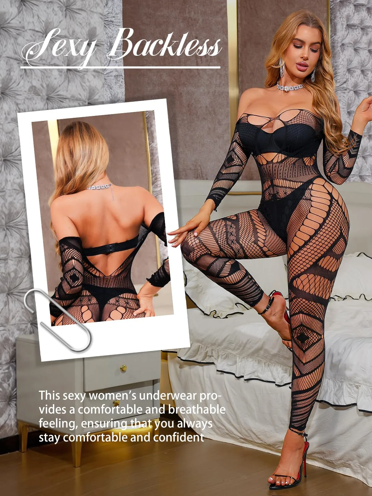 Buitifo Donna Fishnet Bodystocking Pigiama, Nero DZJ, Taglia Unica - immagine 4
