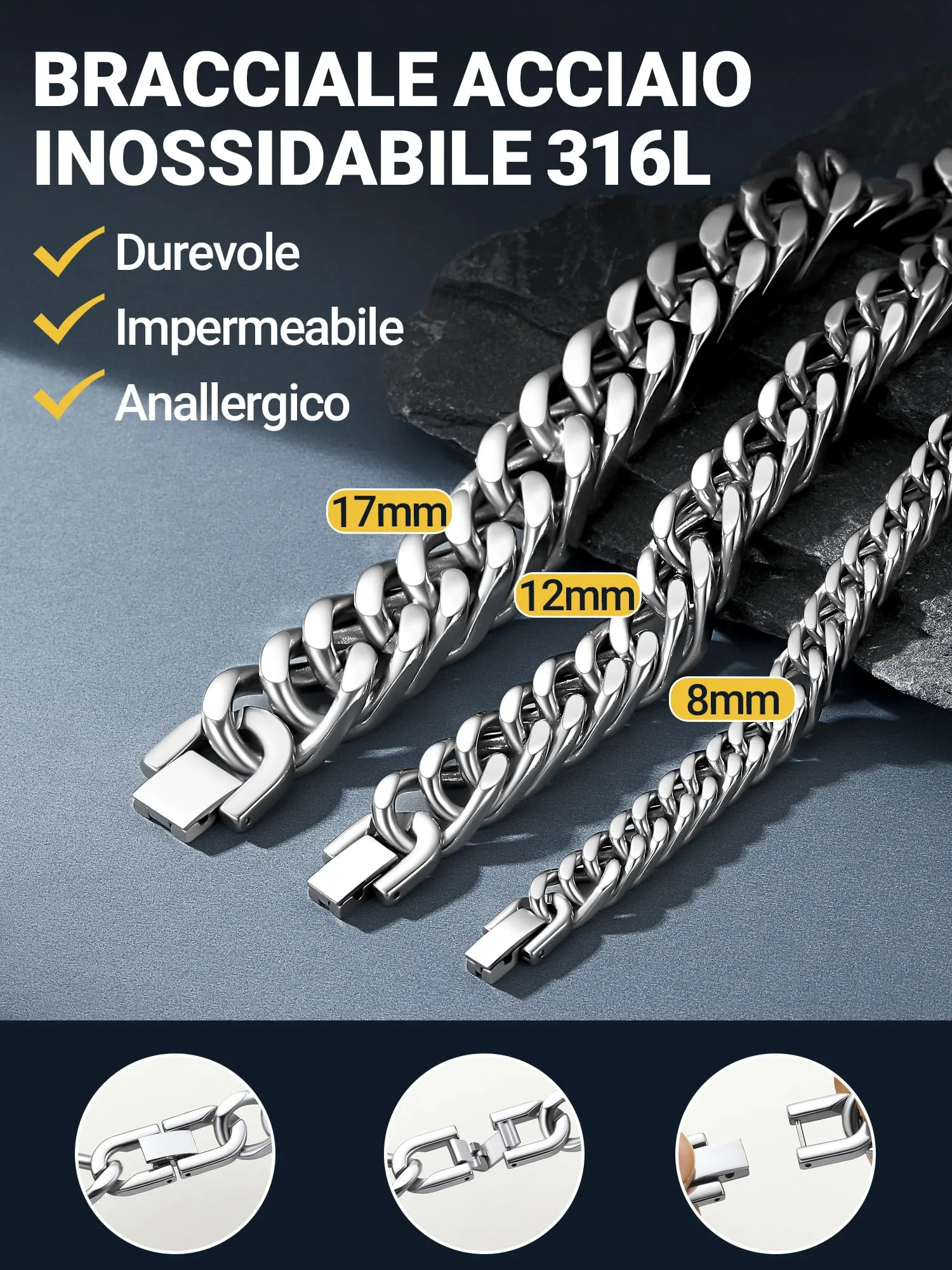 PROSTEEL Bracciale Uomo a Catena Cubana, Acciaio Inossidabile, 19 cm, 12 mm, Argento - immagine 5