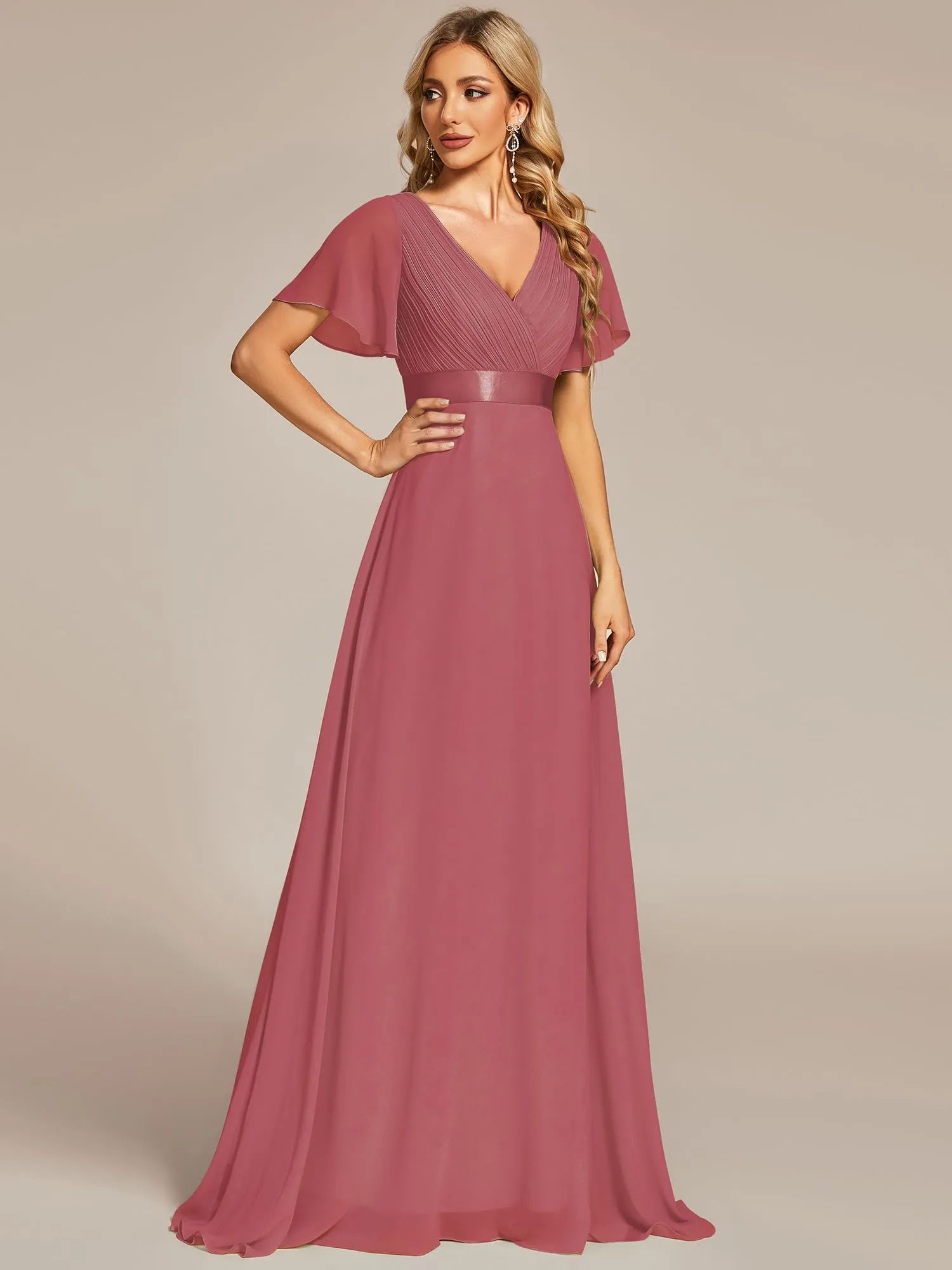 Ever-Pretty Abito da Sera a Linea A con Maniche a Volant, Came Brown, 46 - immagine 3