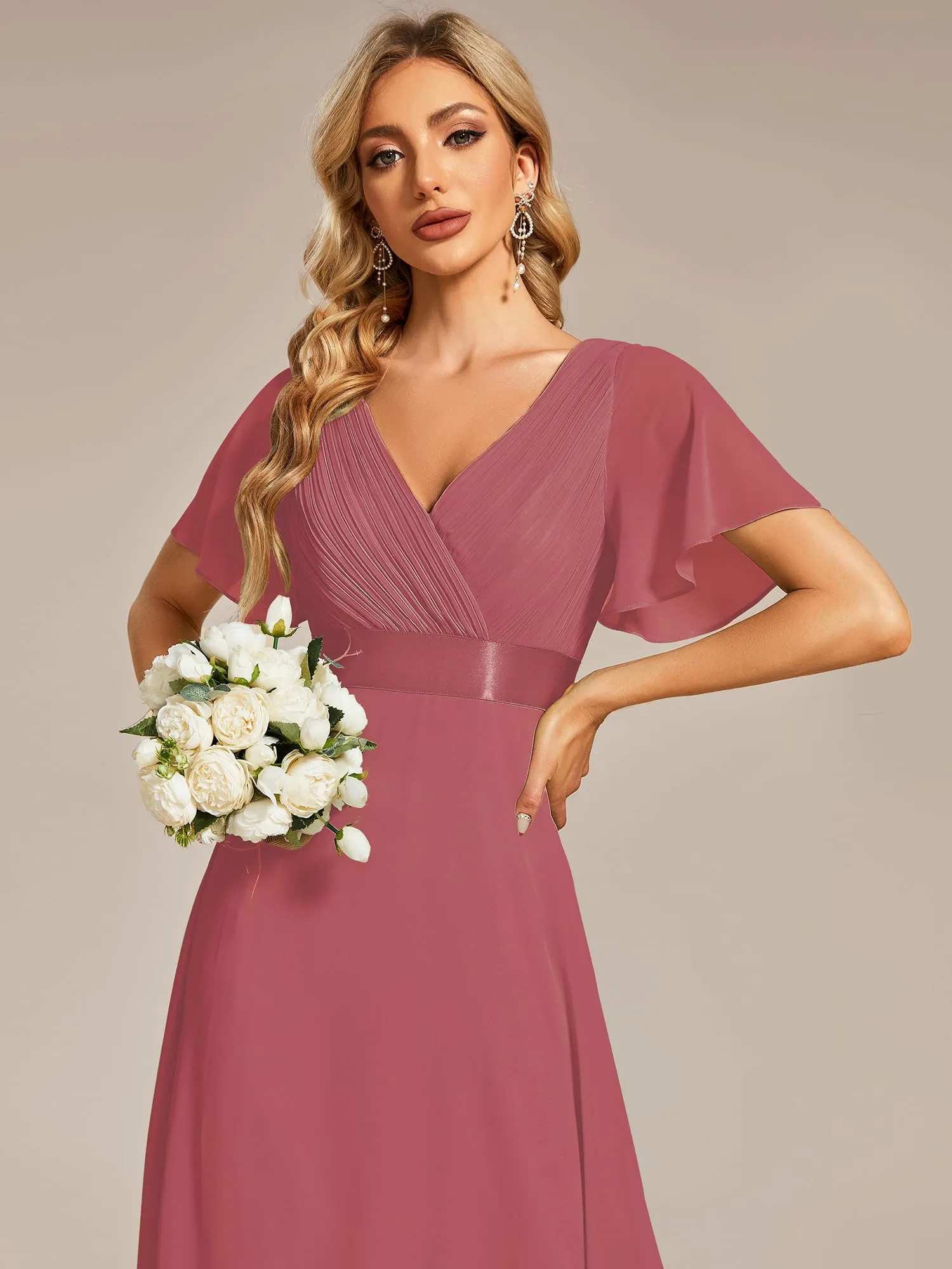 Ever-Pretty Abito da Sera a Linea A con Maniche a Volant, Came Brown, 46 - immagine 5