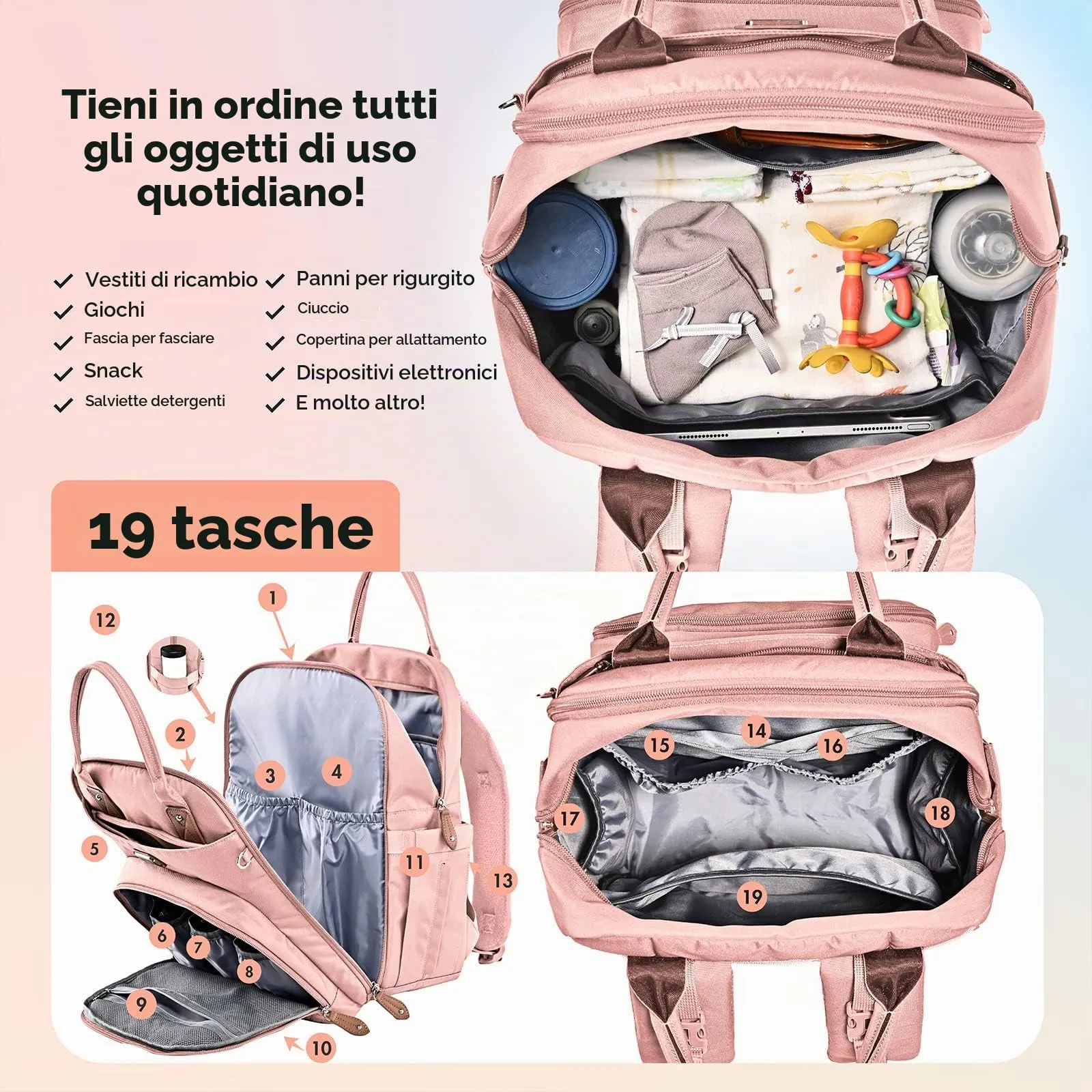Dikaslon Zaino Fasciatoio Multifunzione con Fasciatoio Portatile, Porta Ciuccio e Cinturini per Passeggino (Rosa) - immagine 2