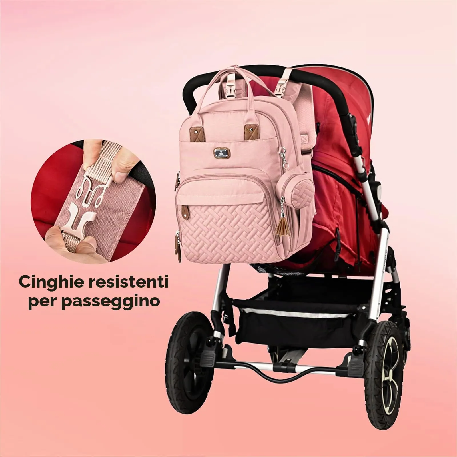 Dikaslon Zaino Fasciatoio Multifunzione con Fasciatoio Portatile, Porta Ciuccio e Cinturini per Passeggino (Rosa) - immagine 3