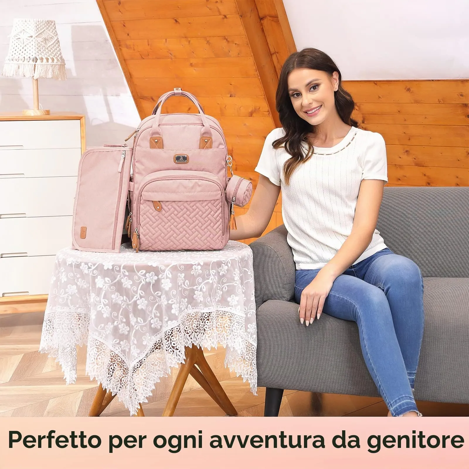 Dikaslon Zaino Fasciatoio Multifunzione con Fasciatoio Portatile, Porta Ciuccio e Cinturini per Passeggino (Rosa) - immagine 4