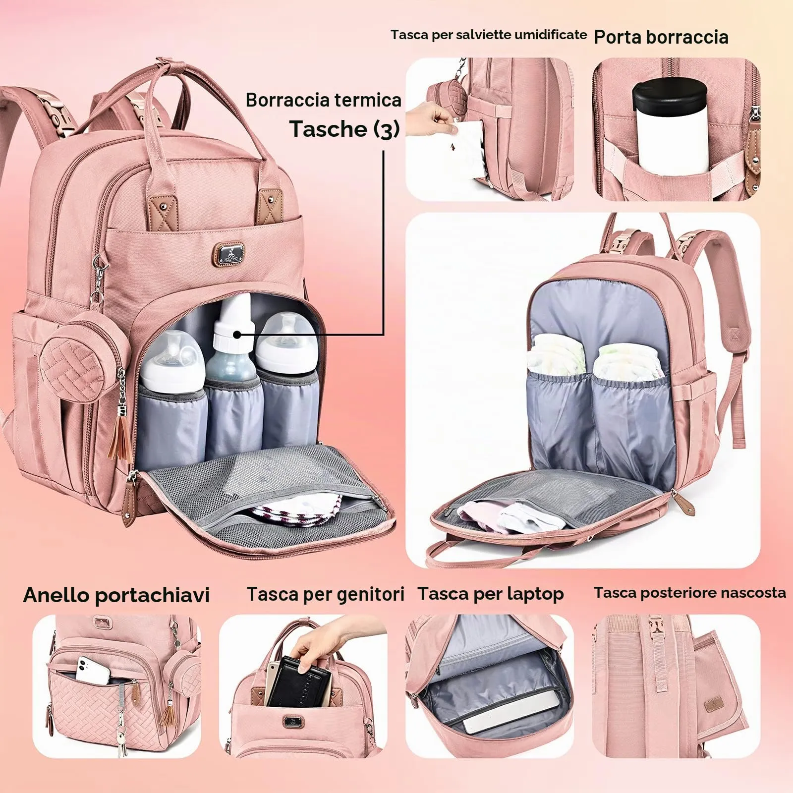 Dikaslon Zaino Fasciatoio Multifunzione con Fasciatoio Portatile, Porta Ciuccio e Cinturini per Passeggino (Rosa) - immagine 6