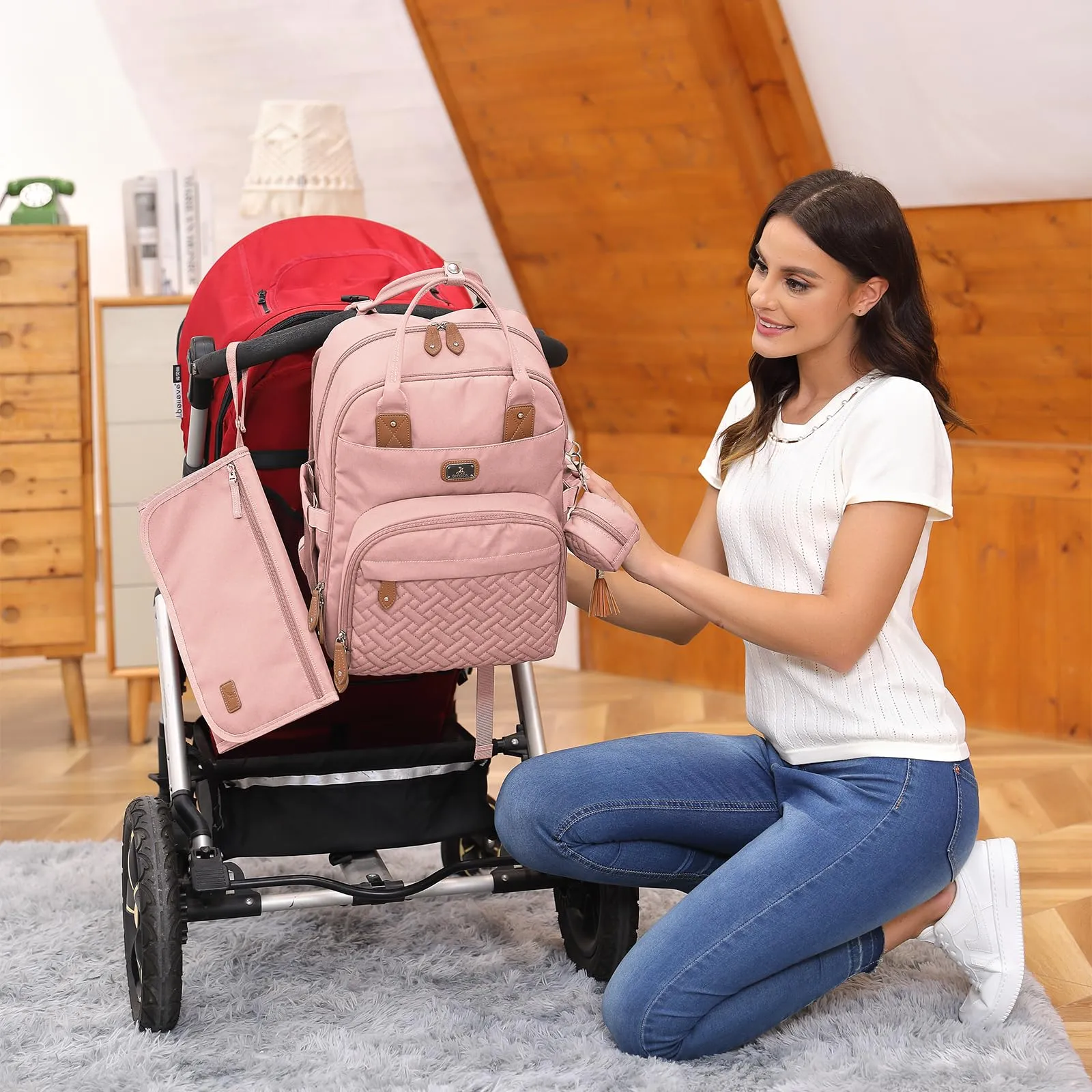 Dikaslon Zaino Fasciatoio Multifunzione con Fasciatoio Portatile, Porta Ciuccio e Cinturini per Passeggino (Rosa) - immagine 7