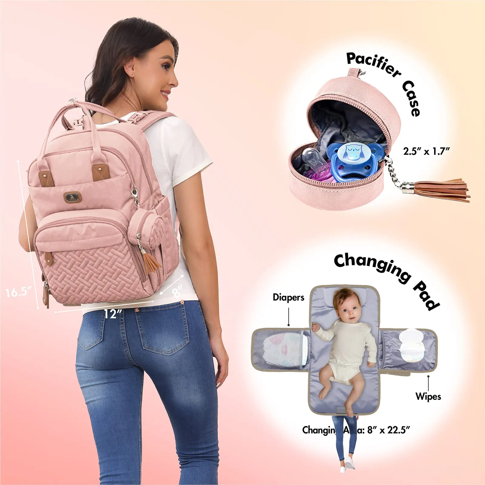 Dikaslon Zaino Fasciatoio Multifunzione con Fasciatoio Portatile, Porta Ciuccio e Cinturini per Passeggino (Rosa) - immagine 9
