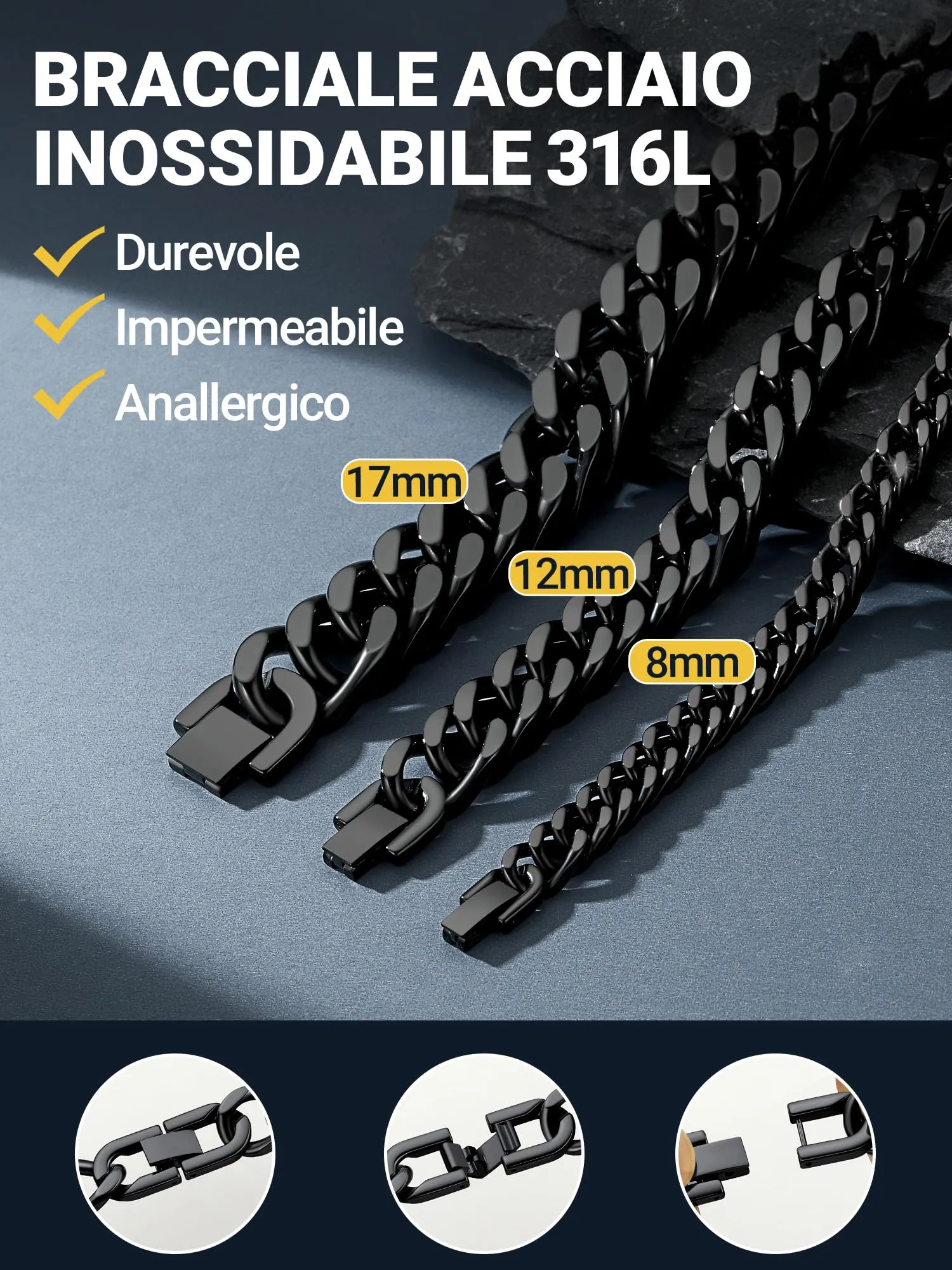 PROSTEEL Bracciale a Catena Cubana in Acciaio Inossidabile, Nero, 19 cm x 12 mm - immagine 5