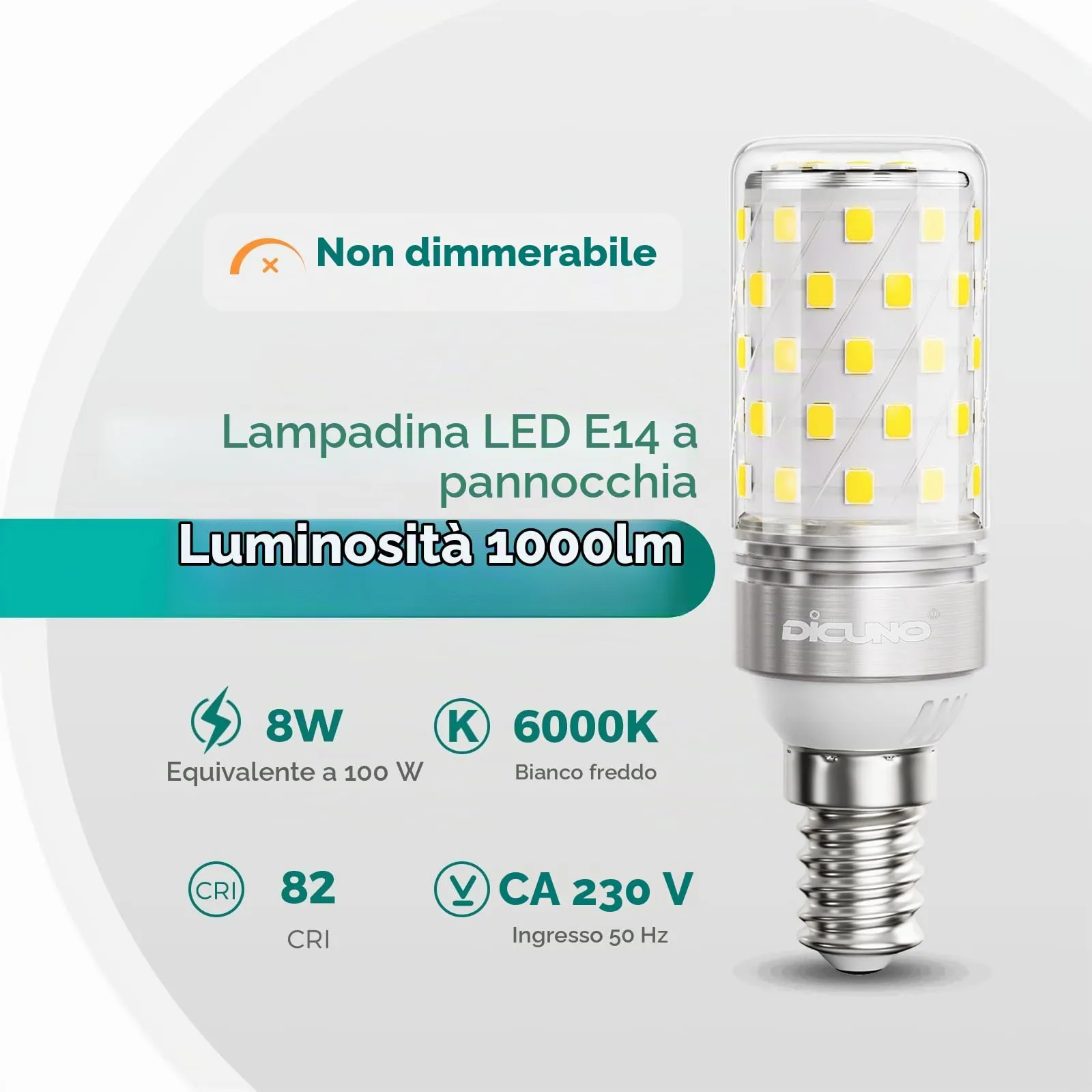 DiCUNO Lampadina LED E14 8W 6000K 1000lm, 4 Pezzi - immagine 2