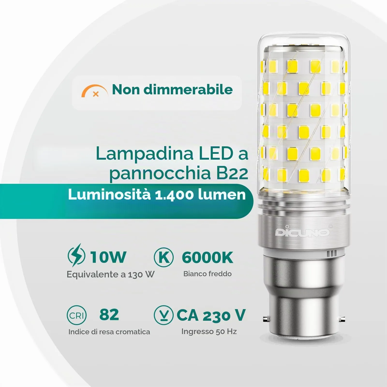 DiCUNO Lampadina LED B22 10W, 6000K, 1400lm, 2 Pezzi - immagine 2