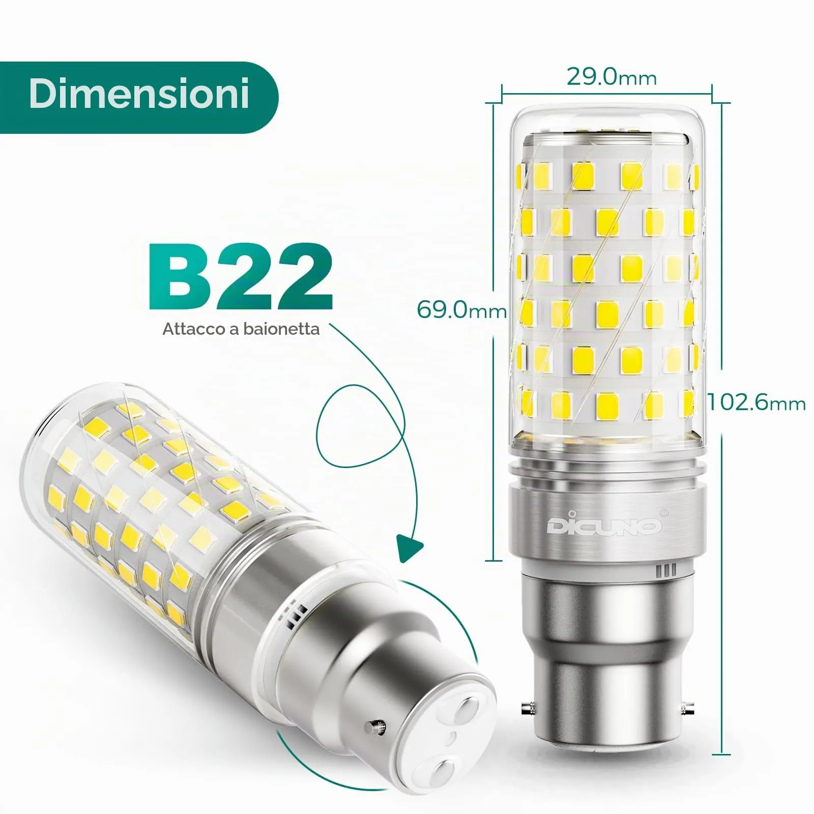 DiCUNO Lampadina LED B22 10W, 6000K, 1400lm, 2 Pezzi - immagine 3