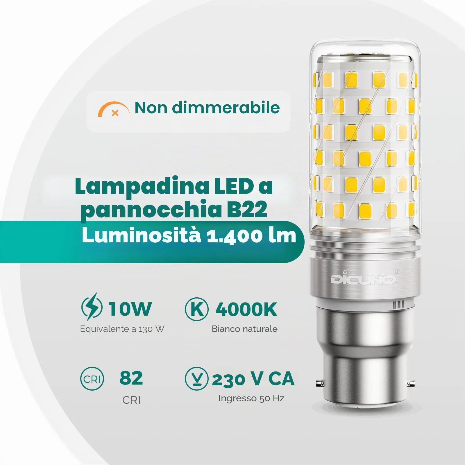 DiCUNO Lampadina LED B22 10W 4000K 1400lm, 2 Pezzi - immagine 2
