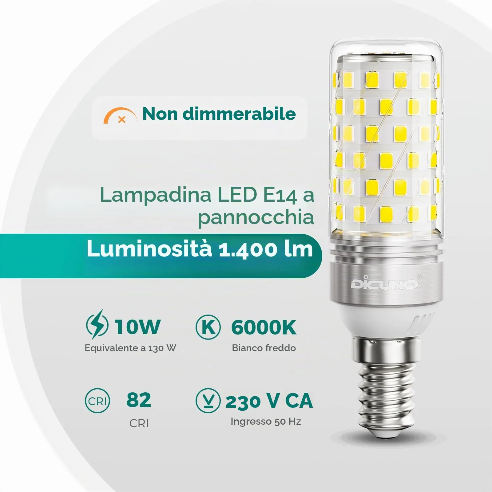 DiCUNO Lampadina LED Mais E14 10W 6000K 1400lm, 2 Pezzi - immagine 2