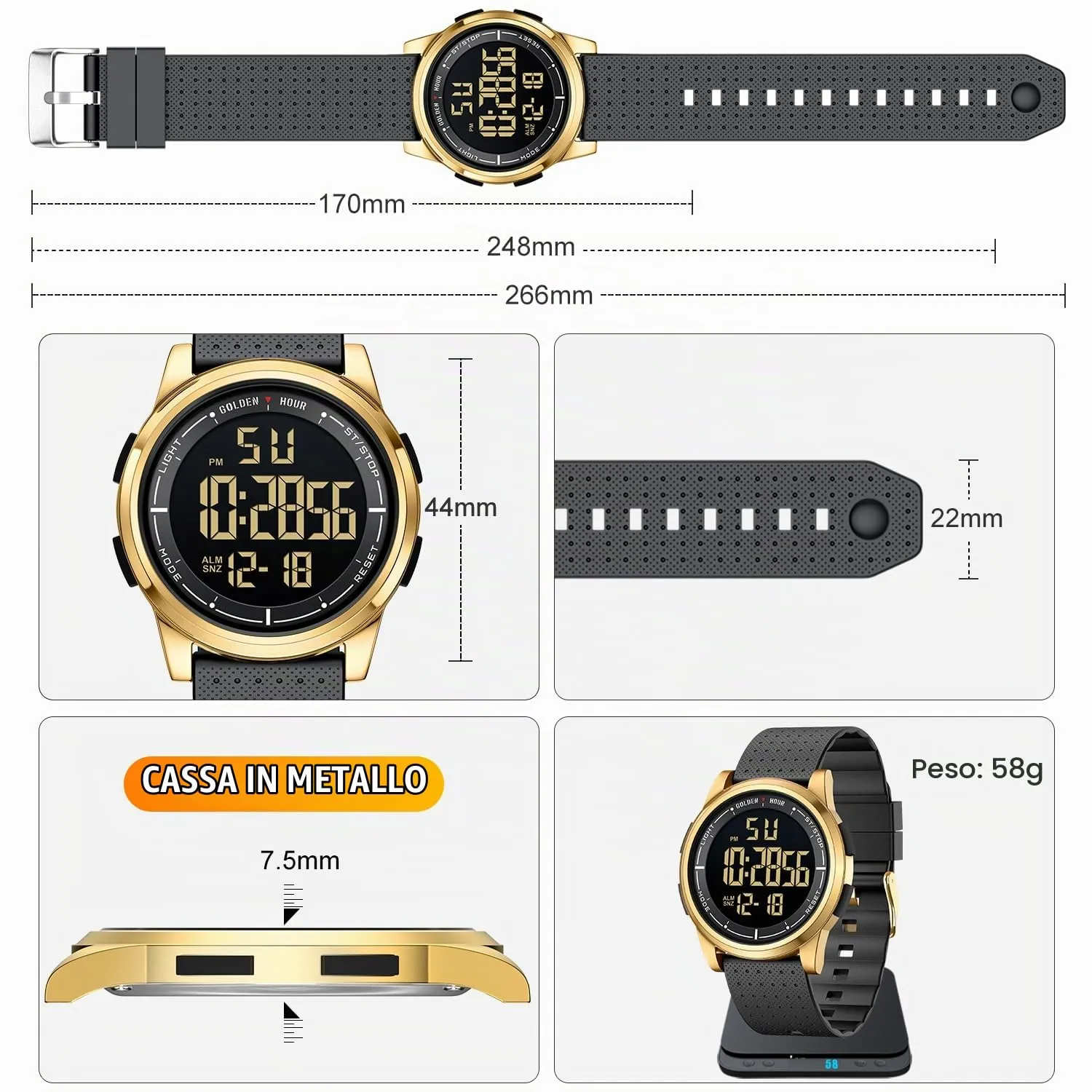 GOLDEN HOUR GH1313 Orologio Digitale Sport Impermeabile Ultra-Sottile con Cinturino in Gomma - immagine 4