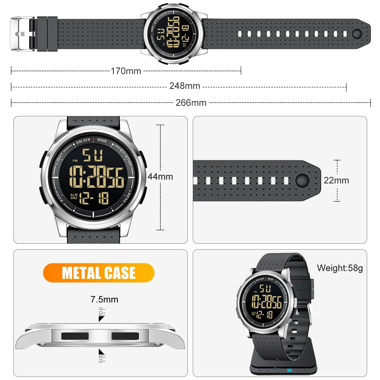 GOLDEN HOUR GH1313 Orologio Digitale Ultra-Sottile Sport Impermeabile con Cinturino in Gomma - immagine 4