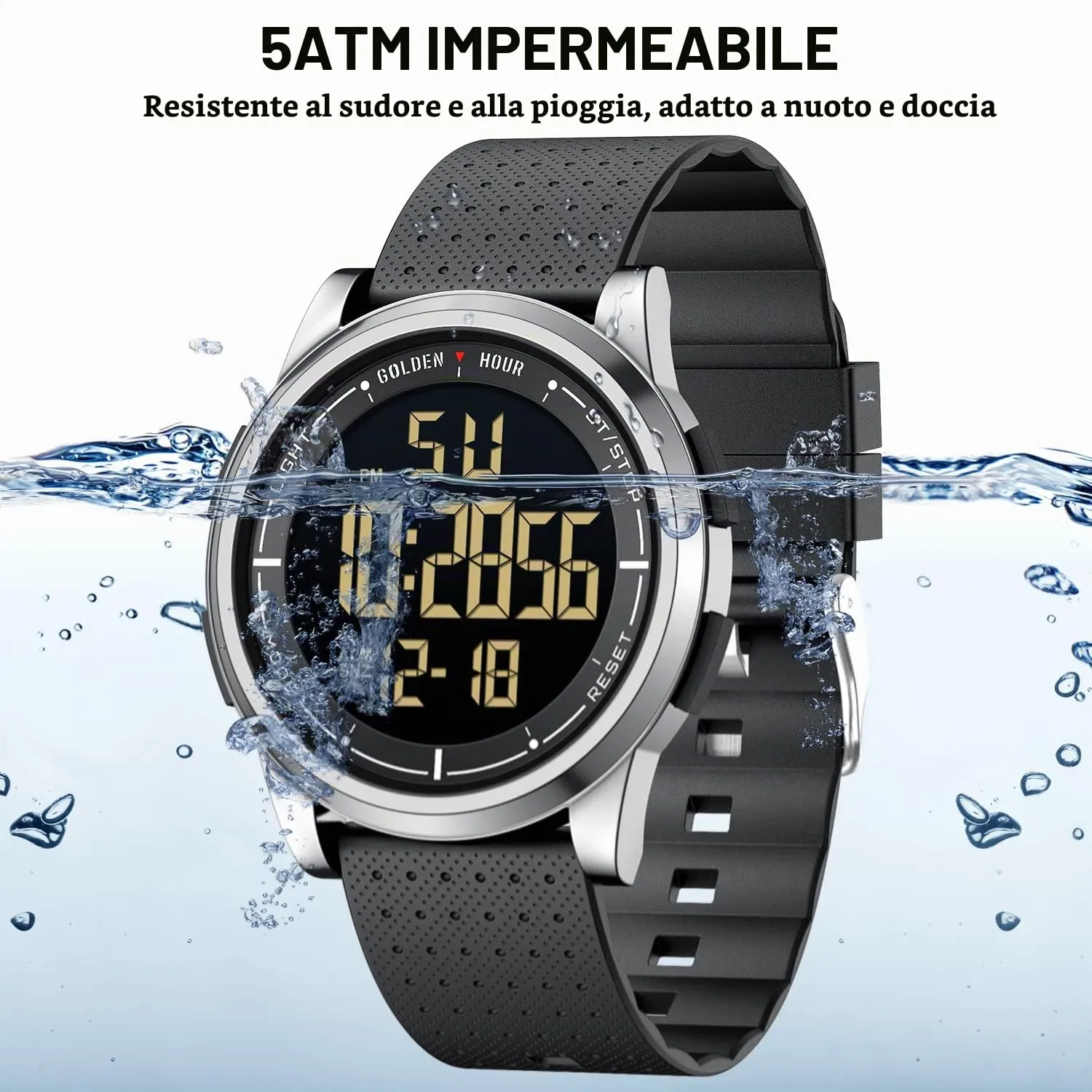 GOLDEN HOUR GH1313 Orologio Digitale Ultra-Sottile Sport Impermeabile con Cinturino in Gomma - immagine 5
