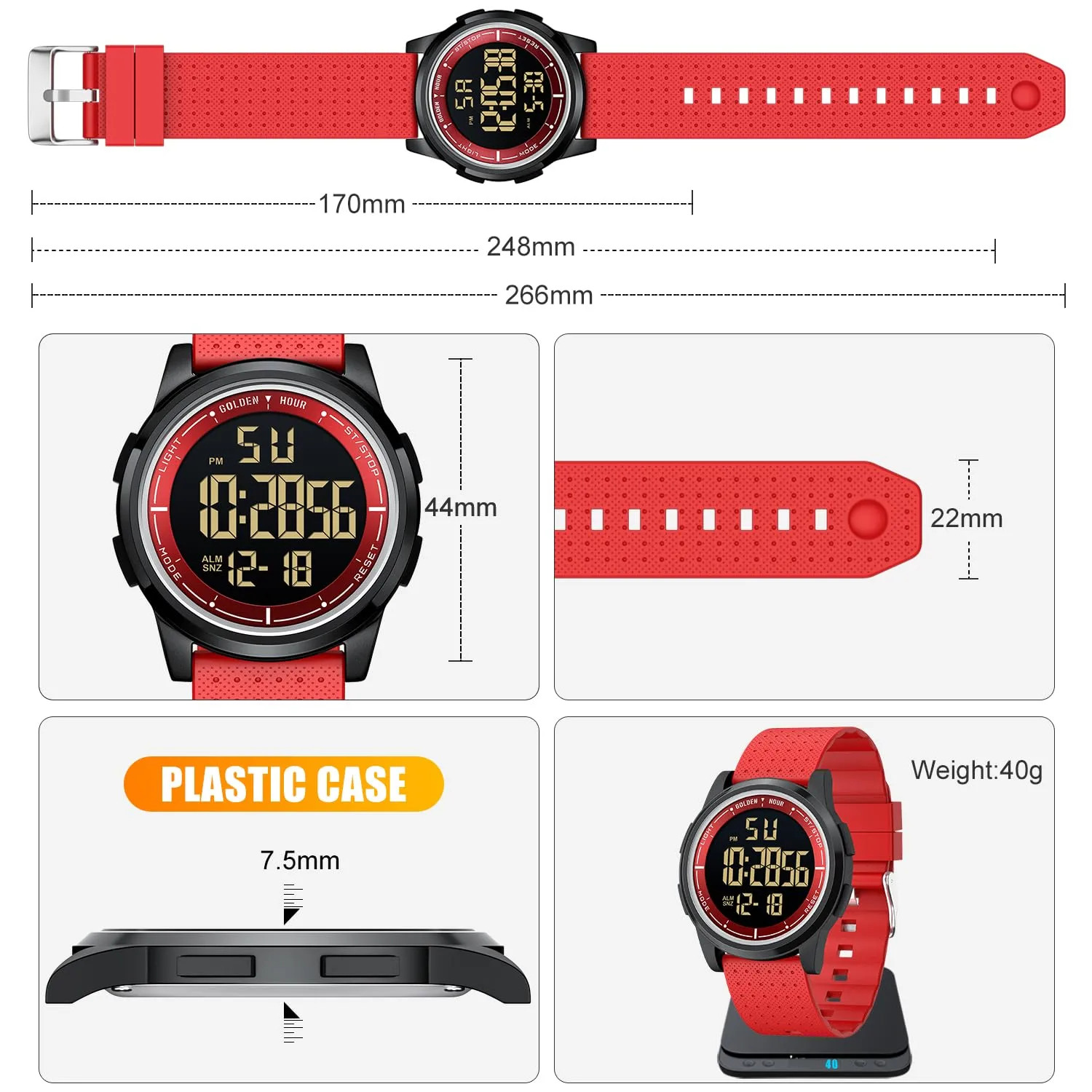 Golden Hour GH1313 Orologio Digitale Sport Impermeabile Ultra-Sottile con Cinturino in Gomma - immagine 4