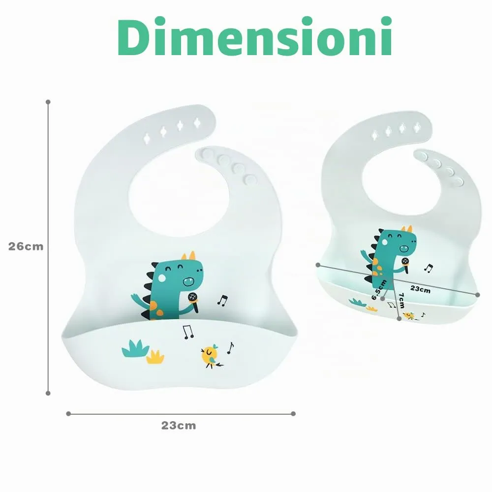 Vicloon Bavaglini 3D in Silicone con Tasca, 2 Pezzi, Escavatore e Dinosauro - immagine 2