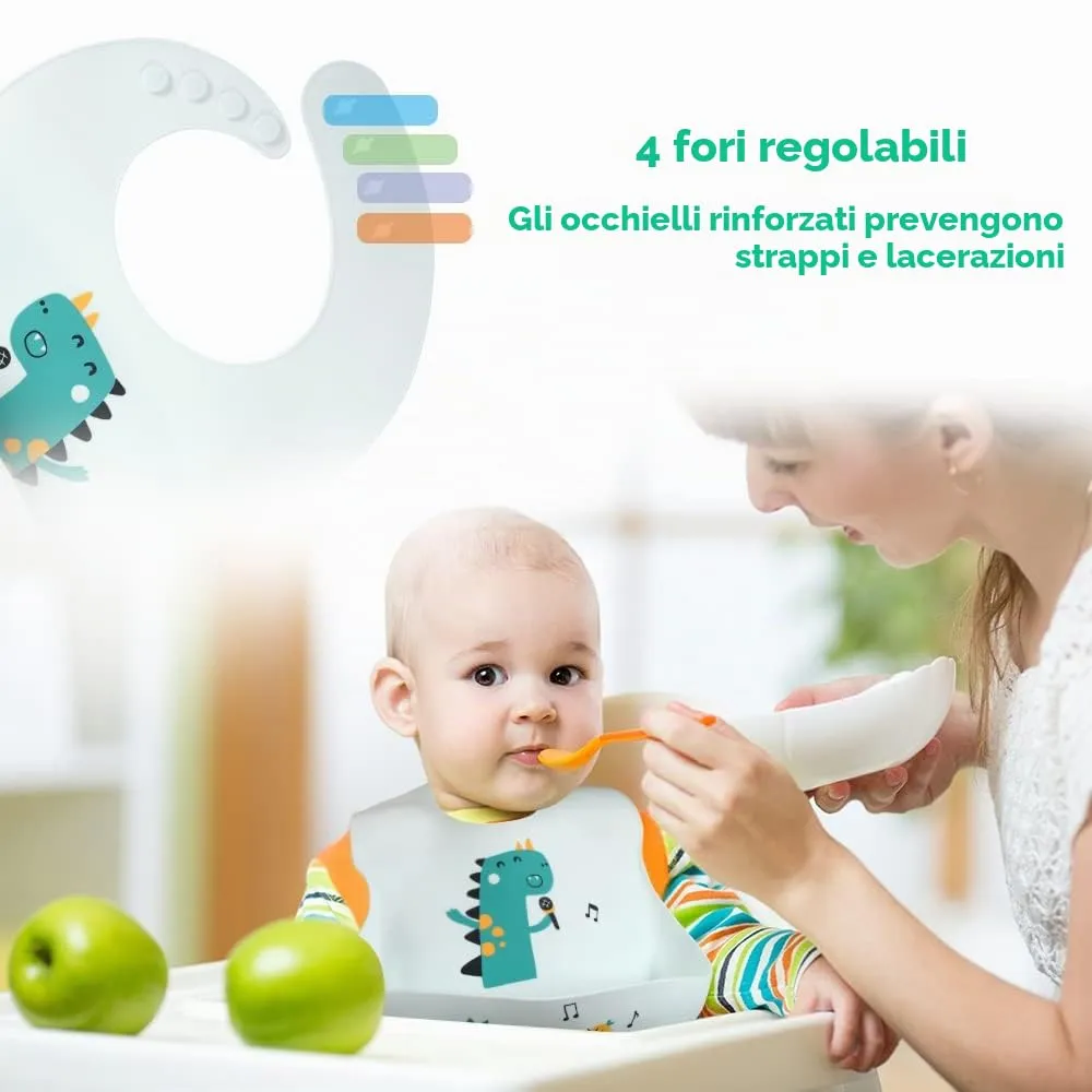 Vicloon Bavaglini 3D in Silicone con Tasca, 2 Pezzi, Escavatore e Dinosauro - immagine 5