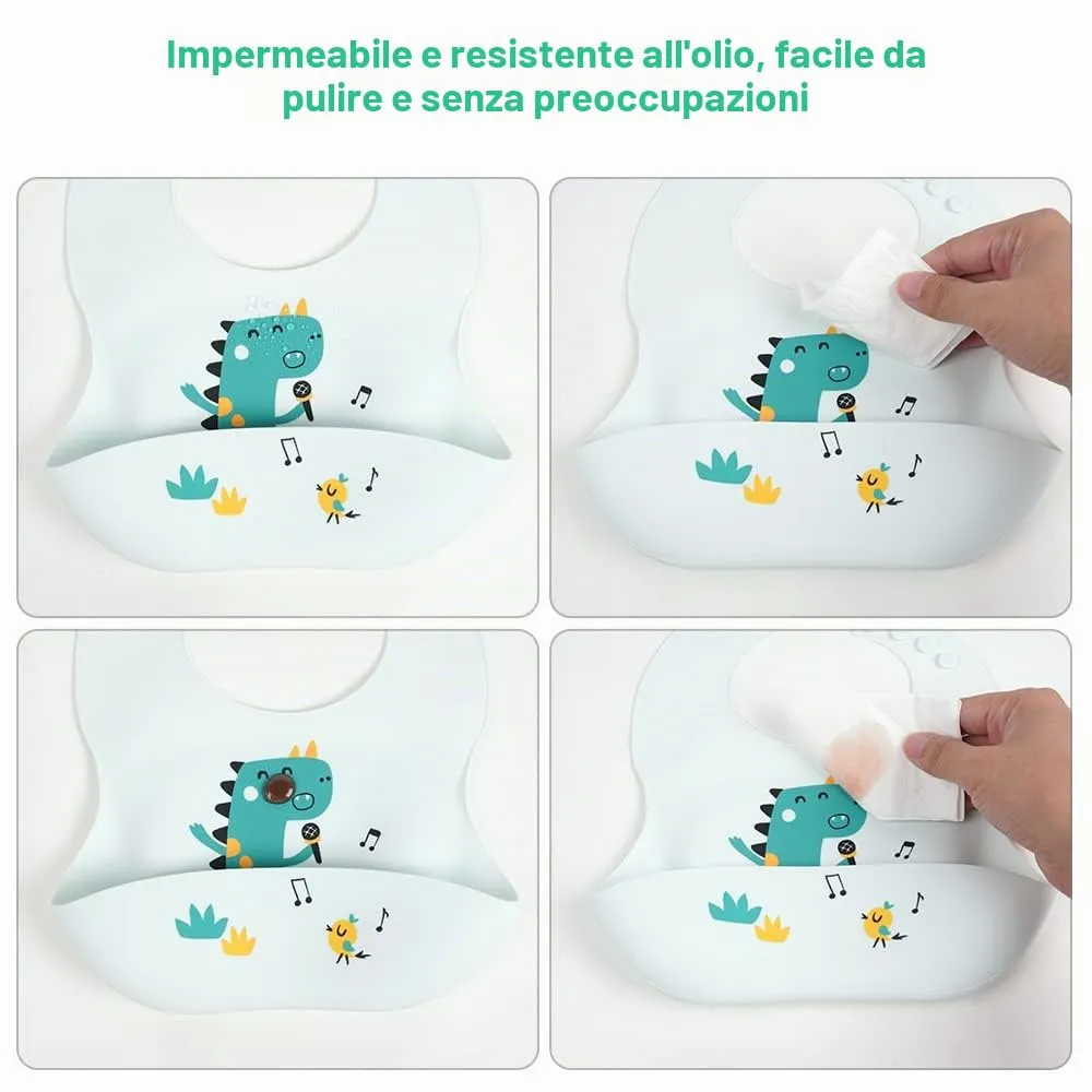 Vicloon Bavaglini 3D in Silicone con Tasca, 2 Pezzi, Escavatore e Dinosauro - immagine 7