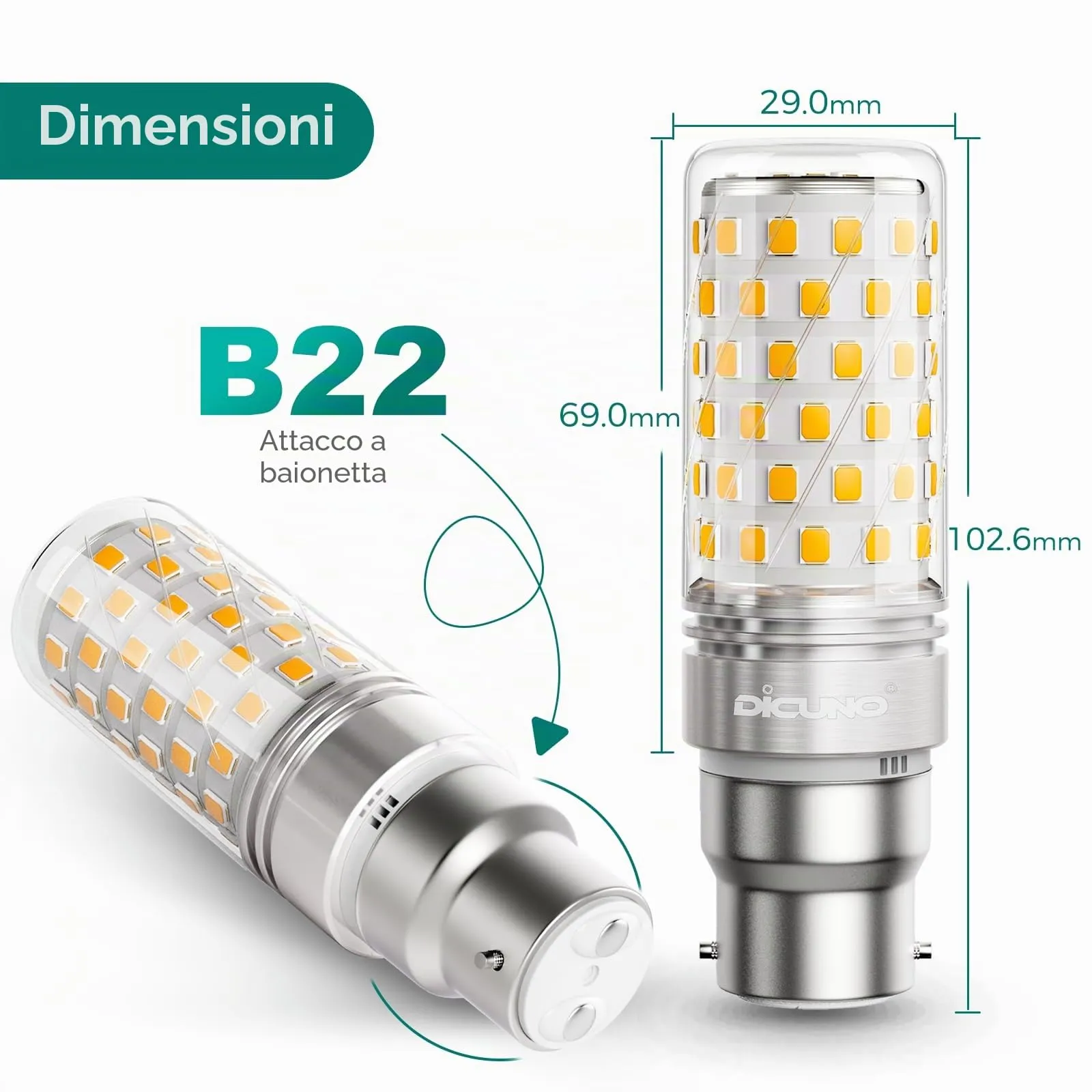 DiCUNO Lampadina LED B22 10W, 2700K, 1350lm, 2 Pezzi - immagine 3