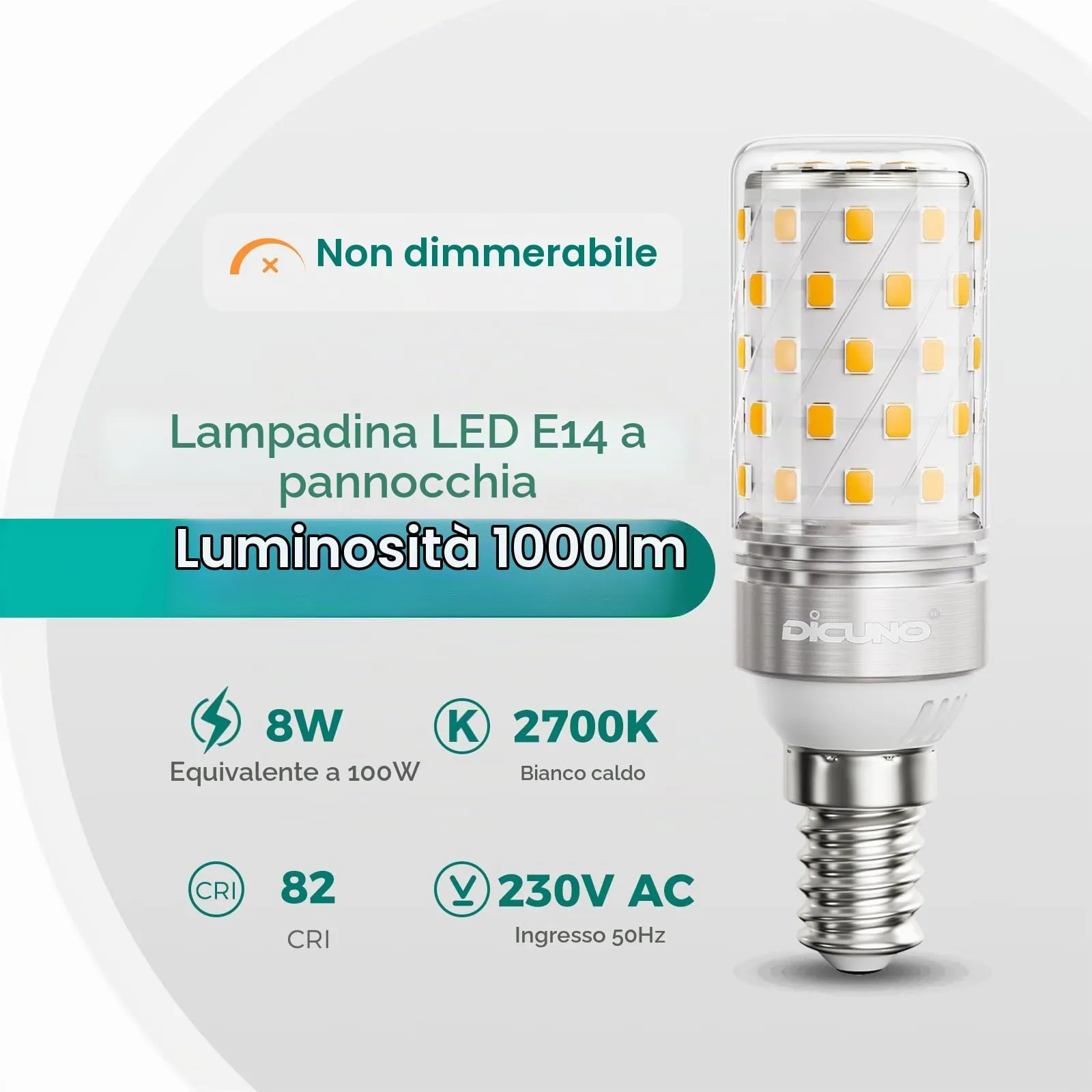 DiCUNO Lampadina LED E14 8W, 2700K, 1000lm, 4 Pezzi - immagine 2