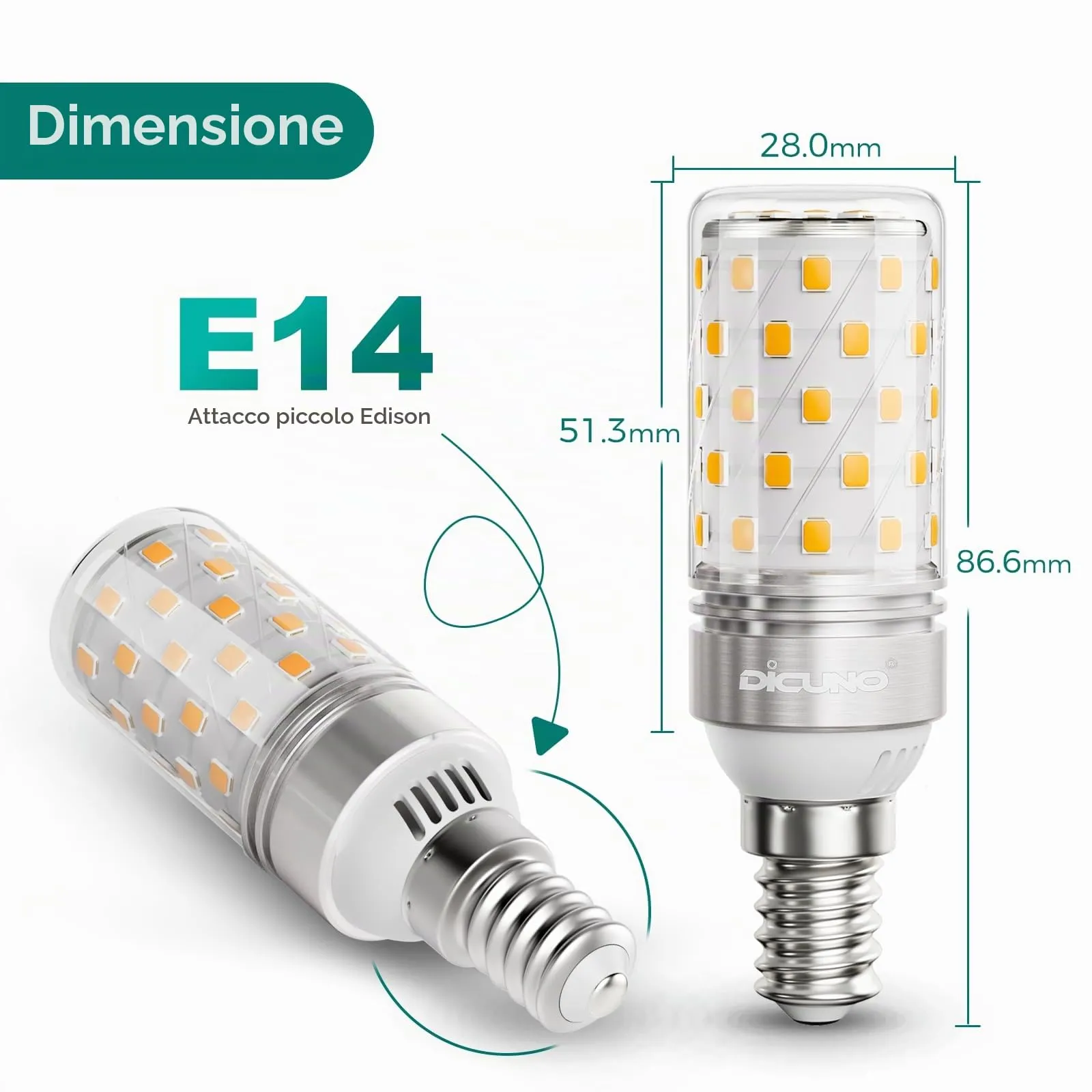 DiCUNO Lampadina LED E14 8W, 2700K, 1000lm, 4 Pezzi - immagine 3