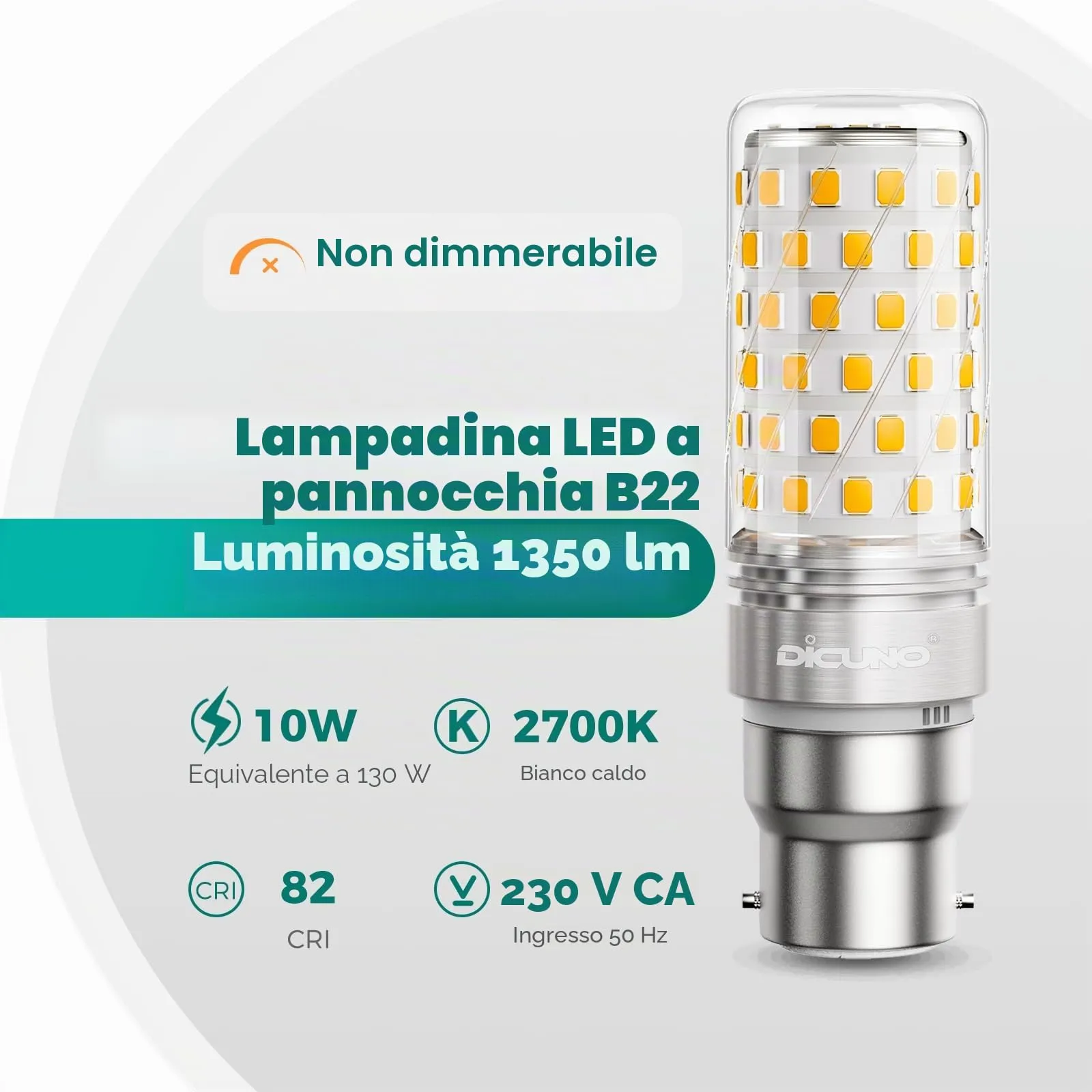 DiCUNO Lampadina LED B22 10W, 2700K, 1350lm, 4 Pezzi - immagine 2