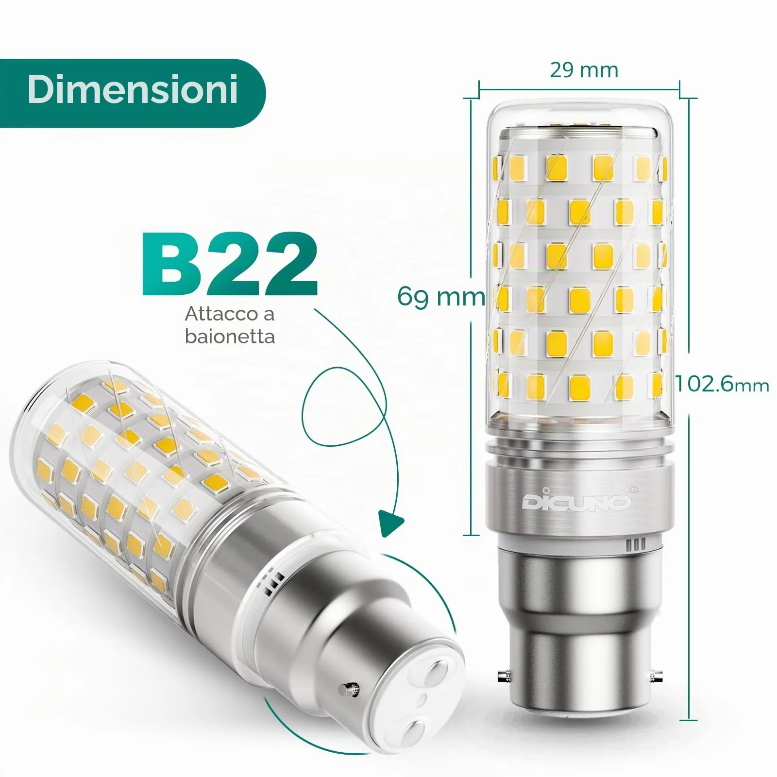 DiCUNO Lampadina LED B22 10W 4000K 1400lm, 4 Pezzi - immagine 3