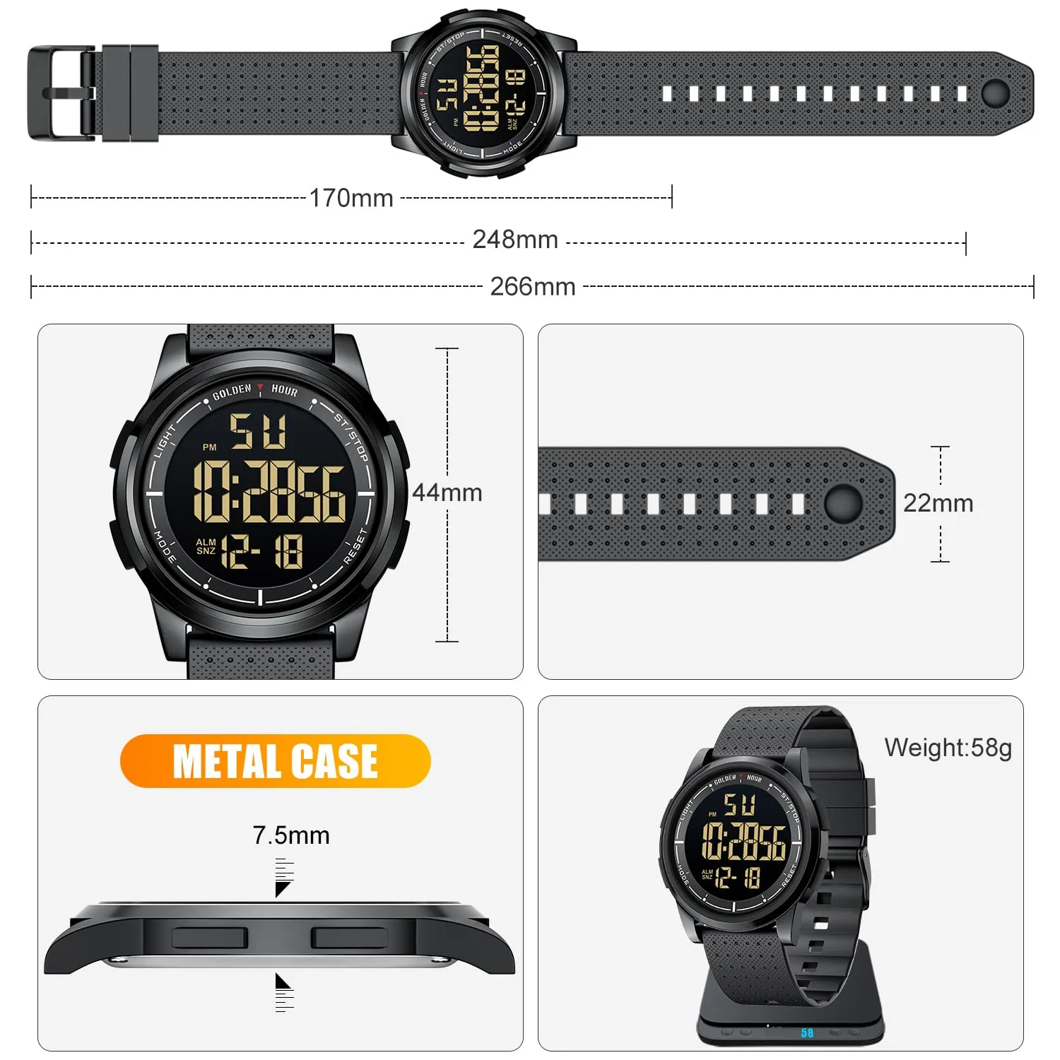 GOLDEN HOUR GH1313 Orologio Digitale Ultra-Sottile Sport Impermeabile con Cinturino in Gomma - immagine 4