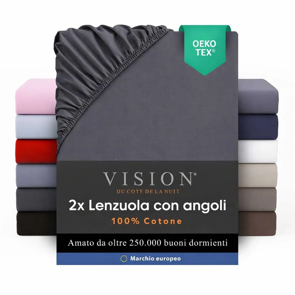 VISION Lenzuolo con angoli 100% cotone, 90x200 cm, grigio scuro, confezione da 2 - immagine 1