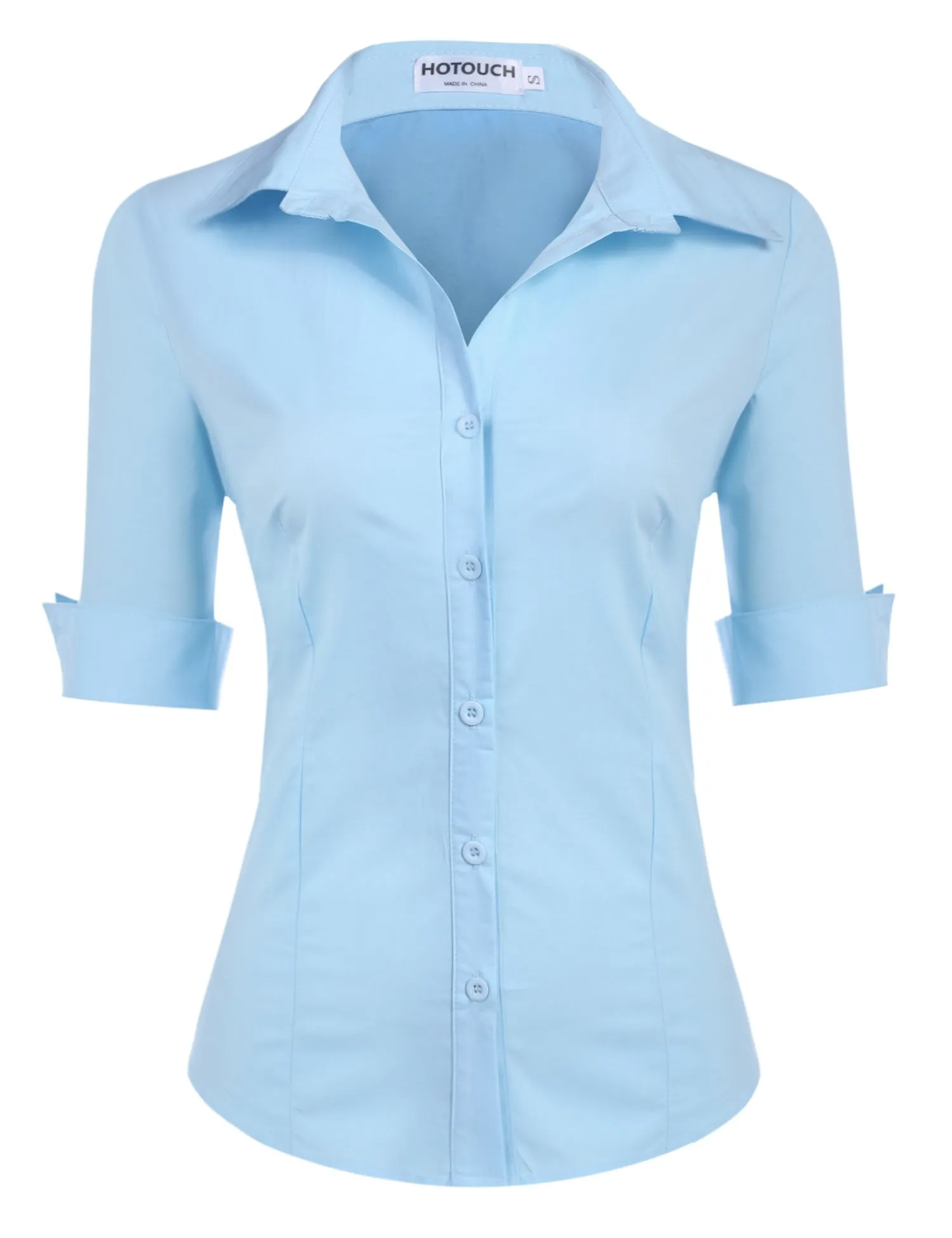 Hotouch Camicetta da Donna in Cotone, Manica a 3/4, Scollo a V, Slim Fit, Blu Mare, M - immagine 1