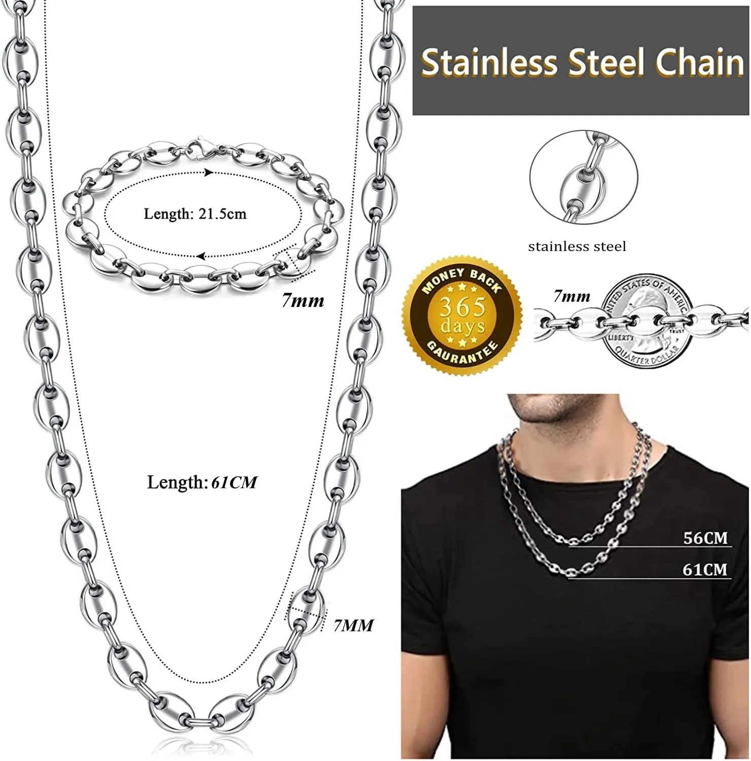 JeweBella Set Collana e Bracciale Chicco di Caffè in Acciaio Inossidabile 7mm, Argento, Collana 56/61cm, Bracciale 21.5cm - immagine 2