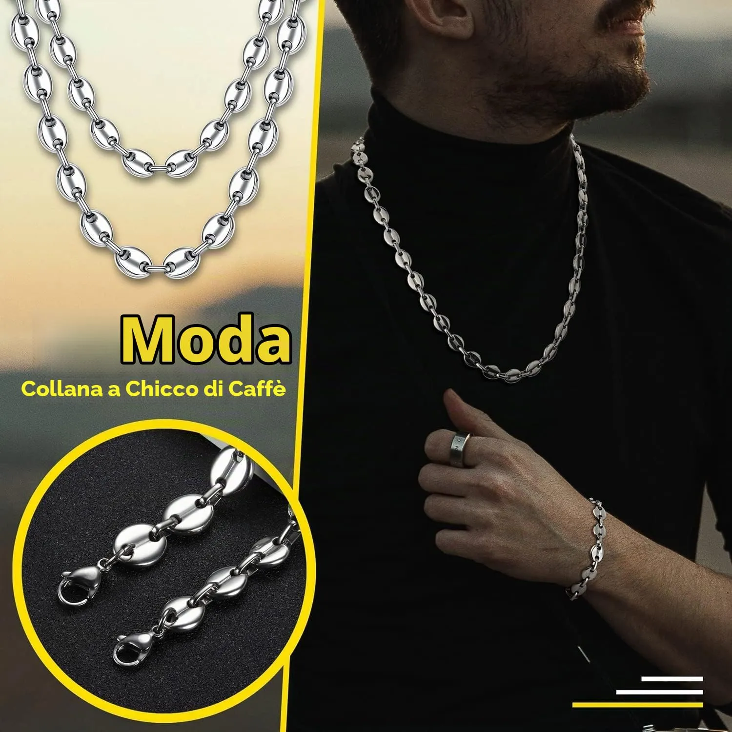 JeweBella Set Collana e Bracciale Chicco di Caffè in Acciaio Inossidabile 7mm, Argento, Collana 56/61cm, Bracciale 21.5cm - immagine 4