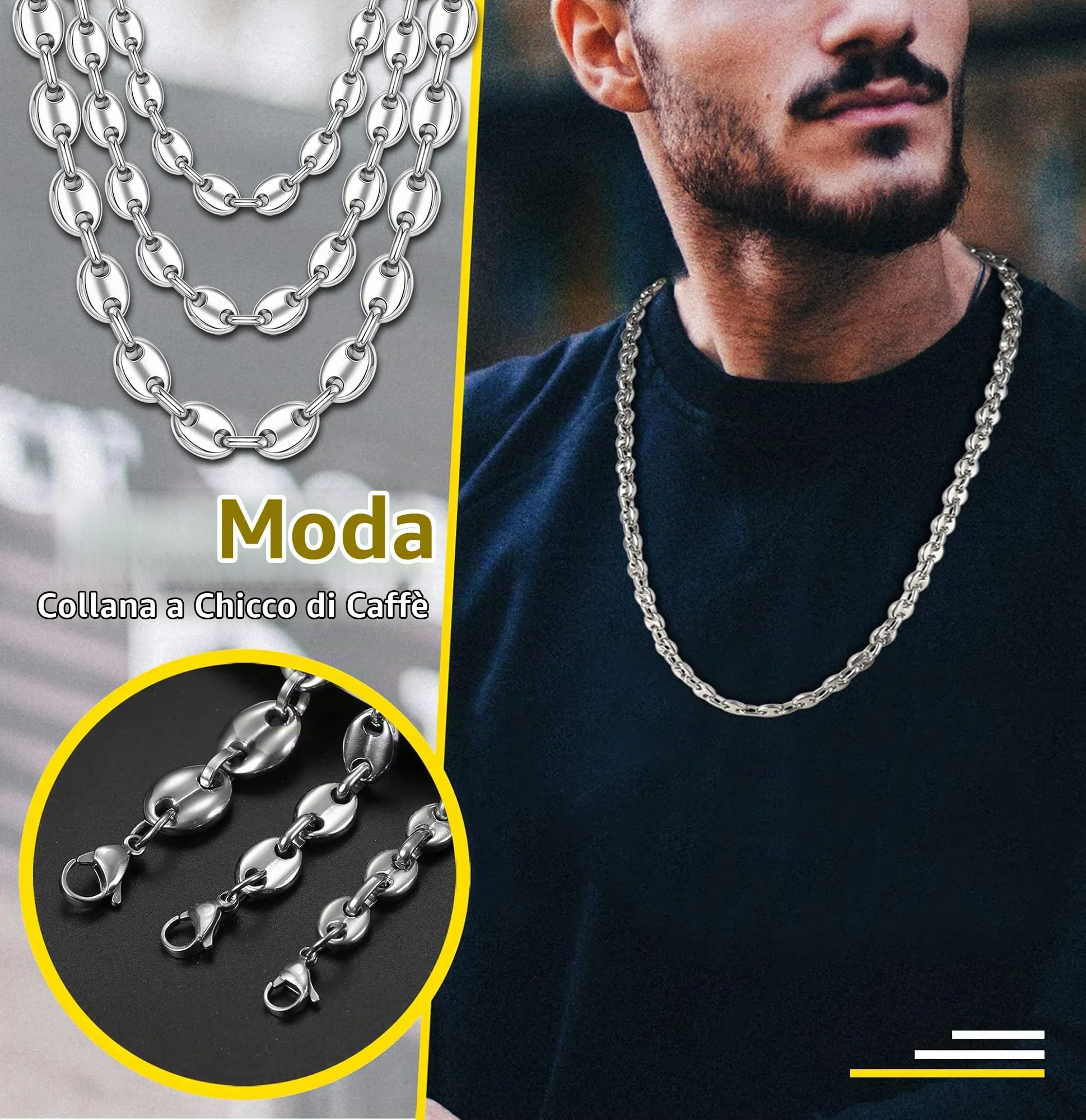 JeweBella Set Collana e Bracciale Chicco di Caffè in Acciaio Inossidabile 7mm, Argento, Collana 56/61cm, Bracciale 21.5cm - immagine 7