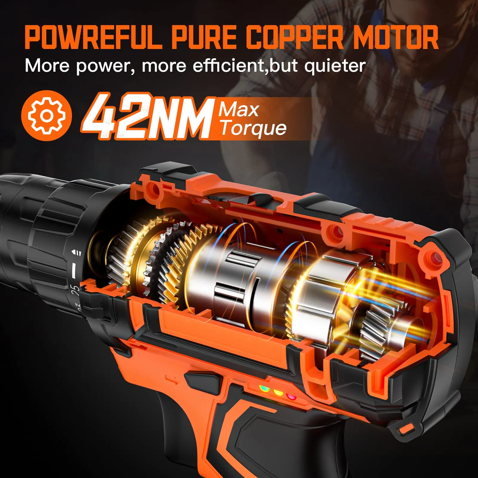 FAHEFANA Trapano Avvitatore a Batteria 20V BH0221S, 42Nm, 2 Batterie 2.0Ah, 2 Velocità, 25+1 Impostazioni Coppia, 10mm Mandrino, 24 Accessori - immagine 3