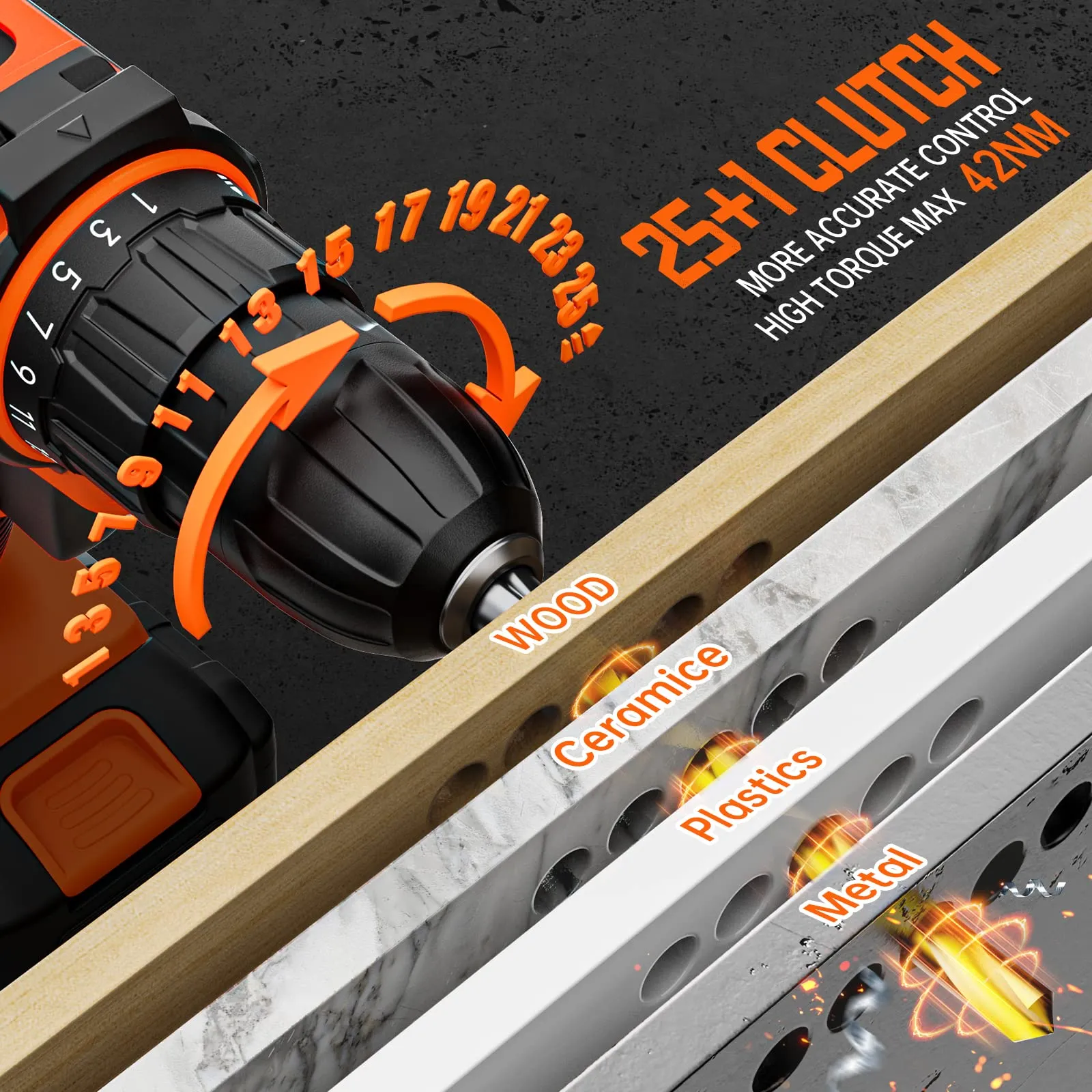 FAHEFANA Trapano Avvitatore a Batteria 20V BH0221S, 42Nm, 2 Batterie 2.0Ah, 2 Velocità, 25+1 Impostazioni Coppia, 10mm Mandrino, 24 Accessori - immagine 4