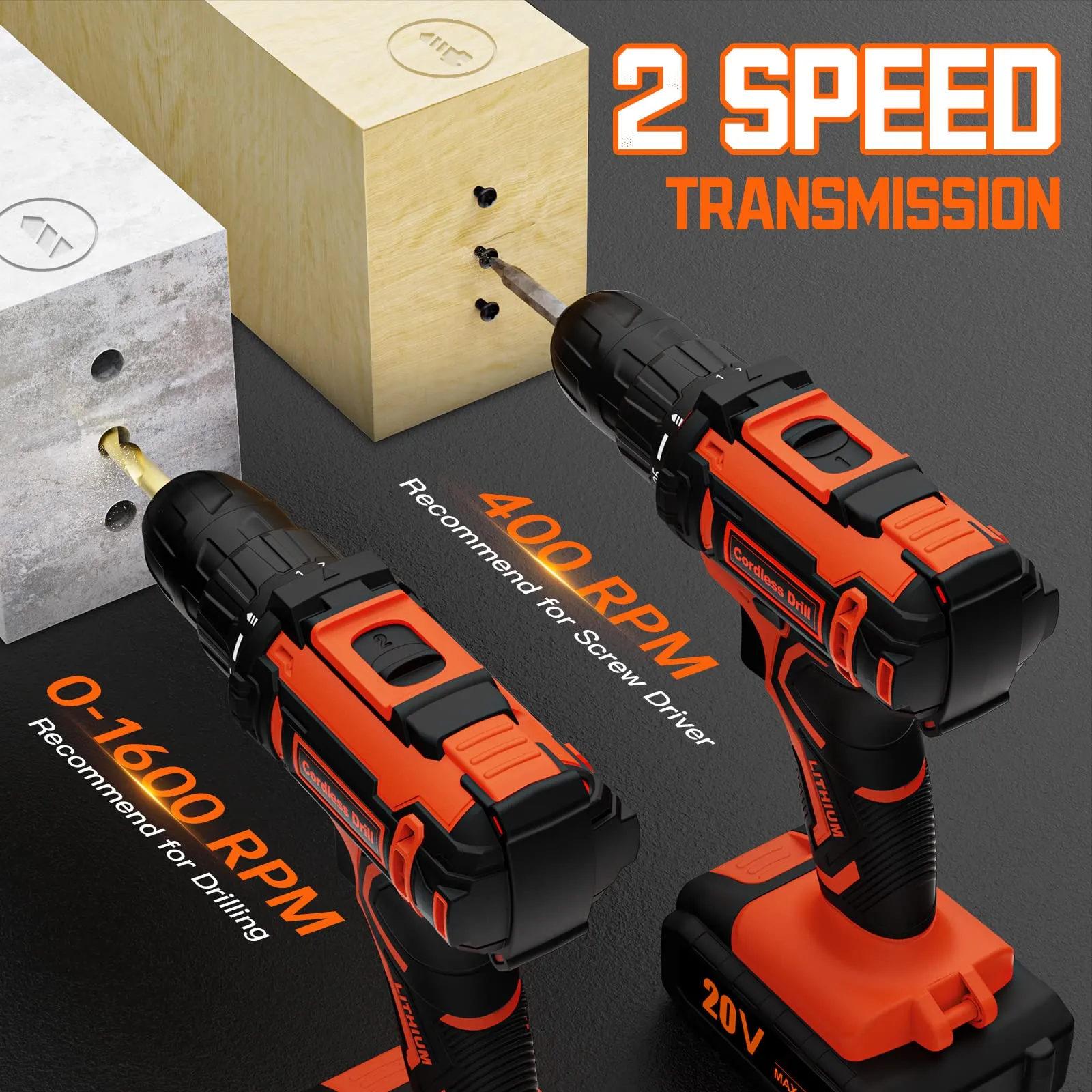 FAHEFANA Trapano Avvitatore a Batteria 20V BH0221S, 42Nm, 2 Batterie 2.0Ah, 2 Velocità, 25+1 Impostazioni Coppia, 10mm Mandrino, 24 Accessori - immagine 5