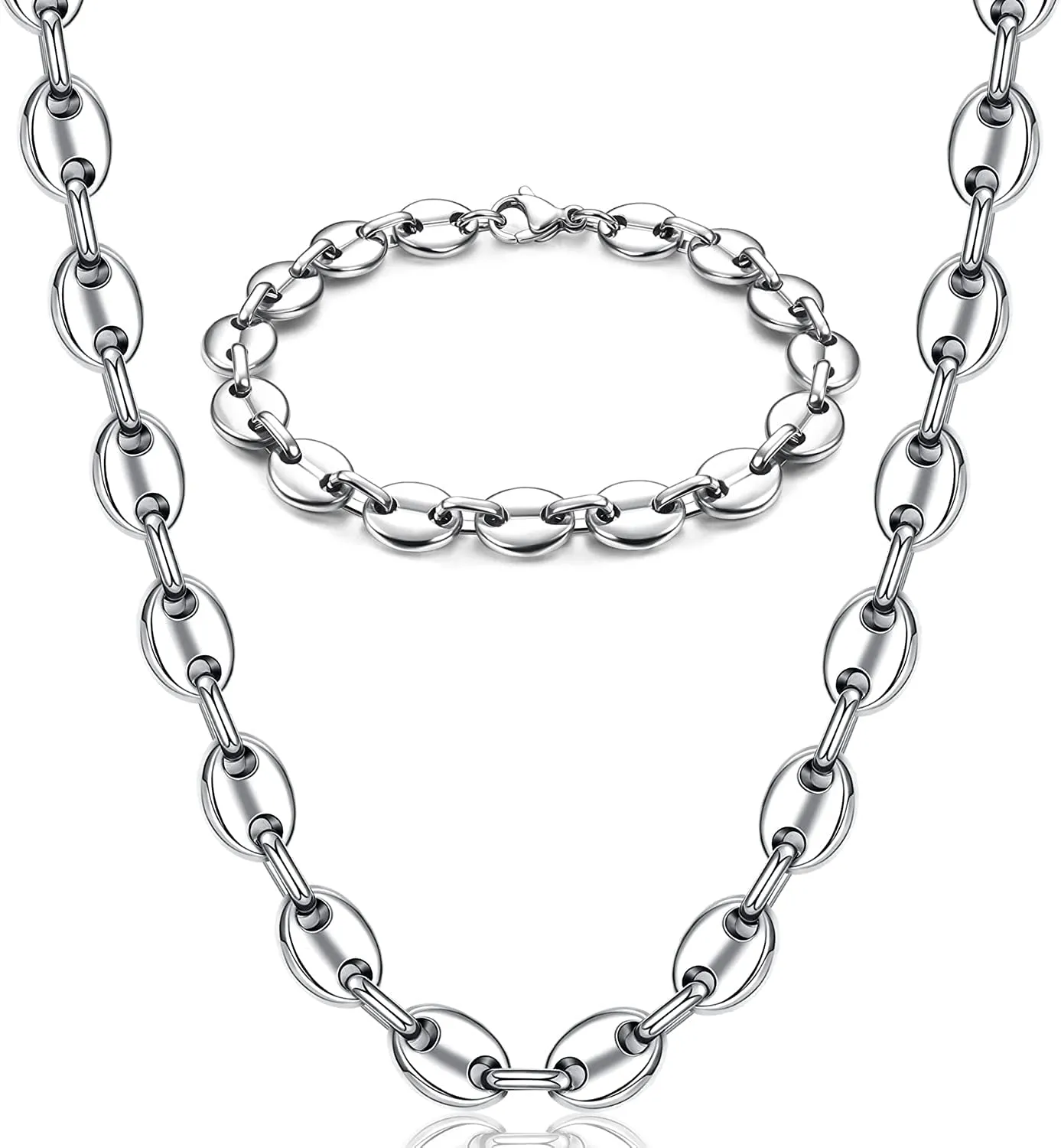 JeweBella Set Collana e Bracciale Chicco di Caffè in Acciaio Inossidabile 7mm, Argento, Lunghezza 56/61cm e Bracciale 21.5cm - immagine 1