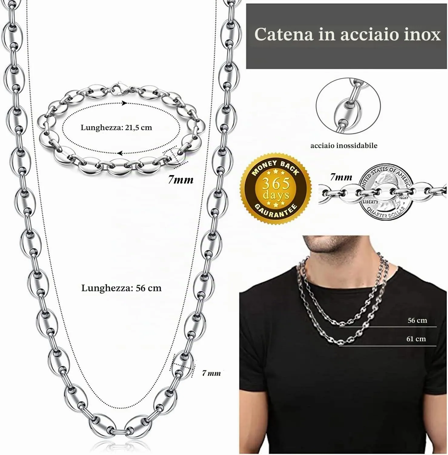 JeweBella Set Collana e Bracciale Chicco di Caffè in Acciaio Inossidabile 7mm, Argento, Lunghezza 56/61cm e Bracciale 21.5cm - immagine 2